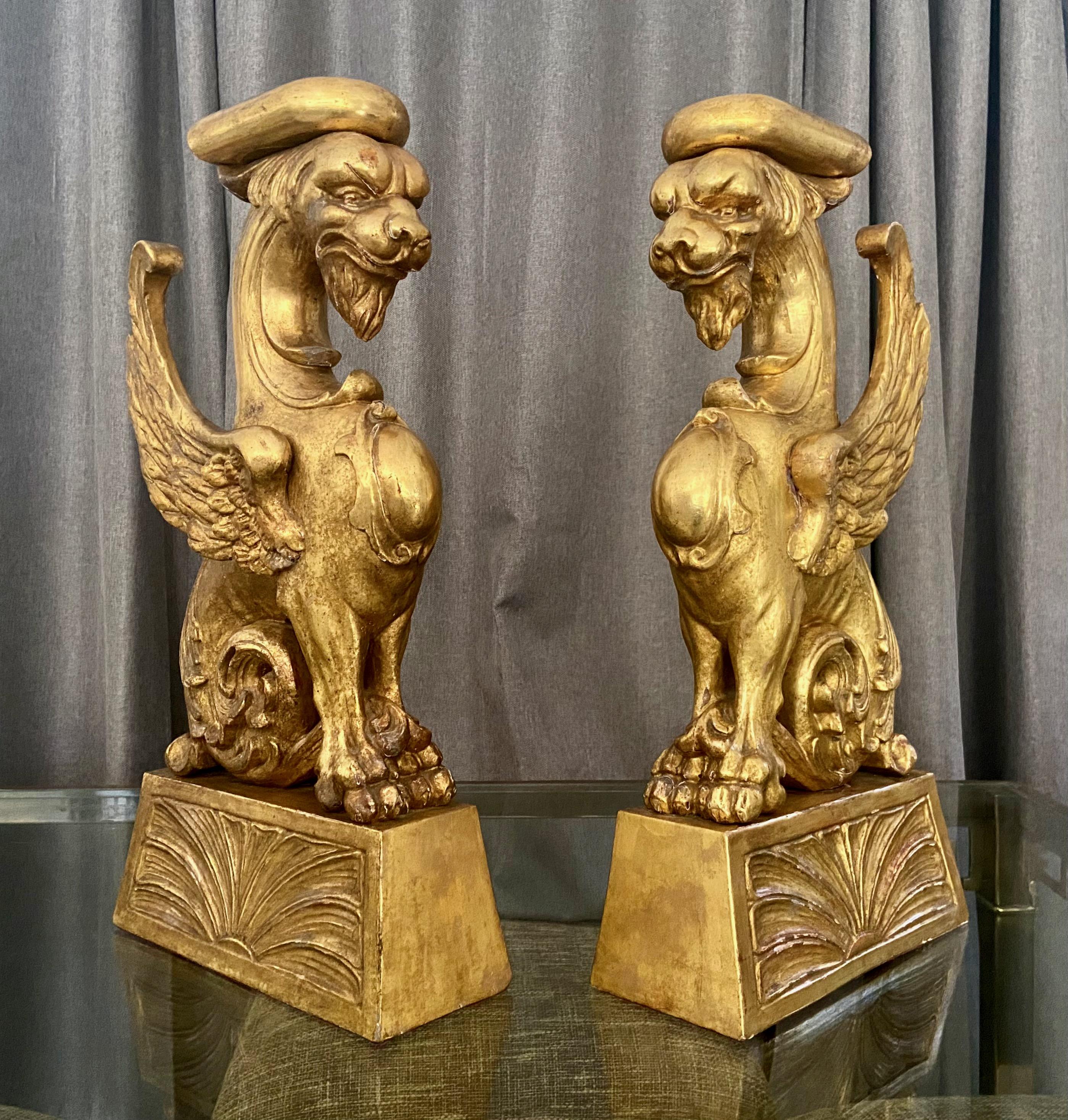 Pair Large French Griffin Architectural Giltwood Statues In Good Condition For Sale In Palm Springs, CA