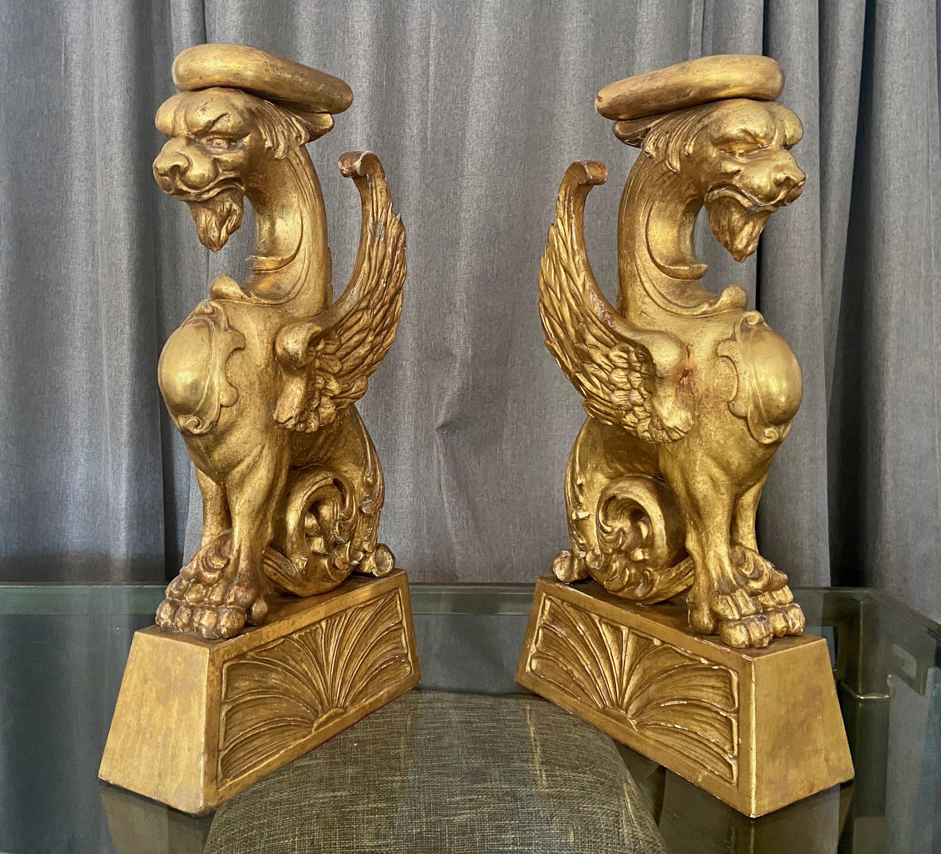 Late 19th Century Pair Large French Griffin Architectural Giltwood Statues For Sale