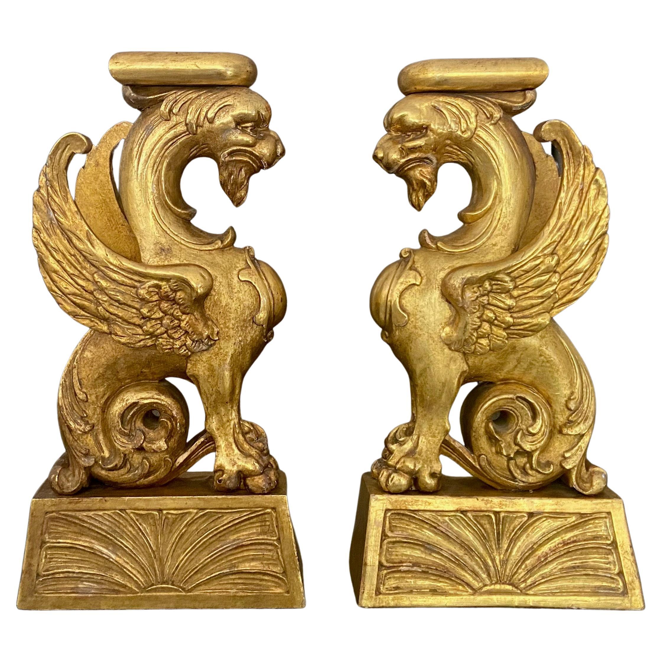 Pair Large French Griffin Architectural Giltwood Statues