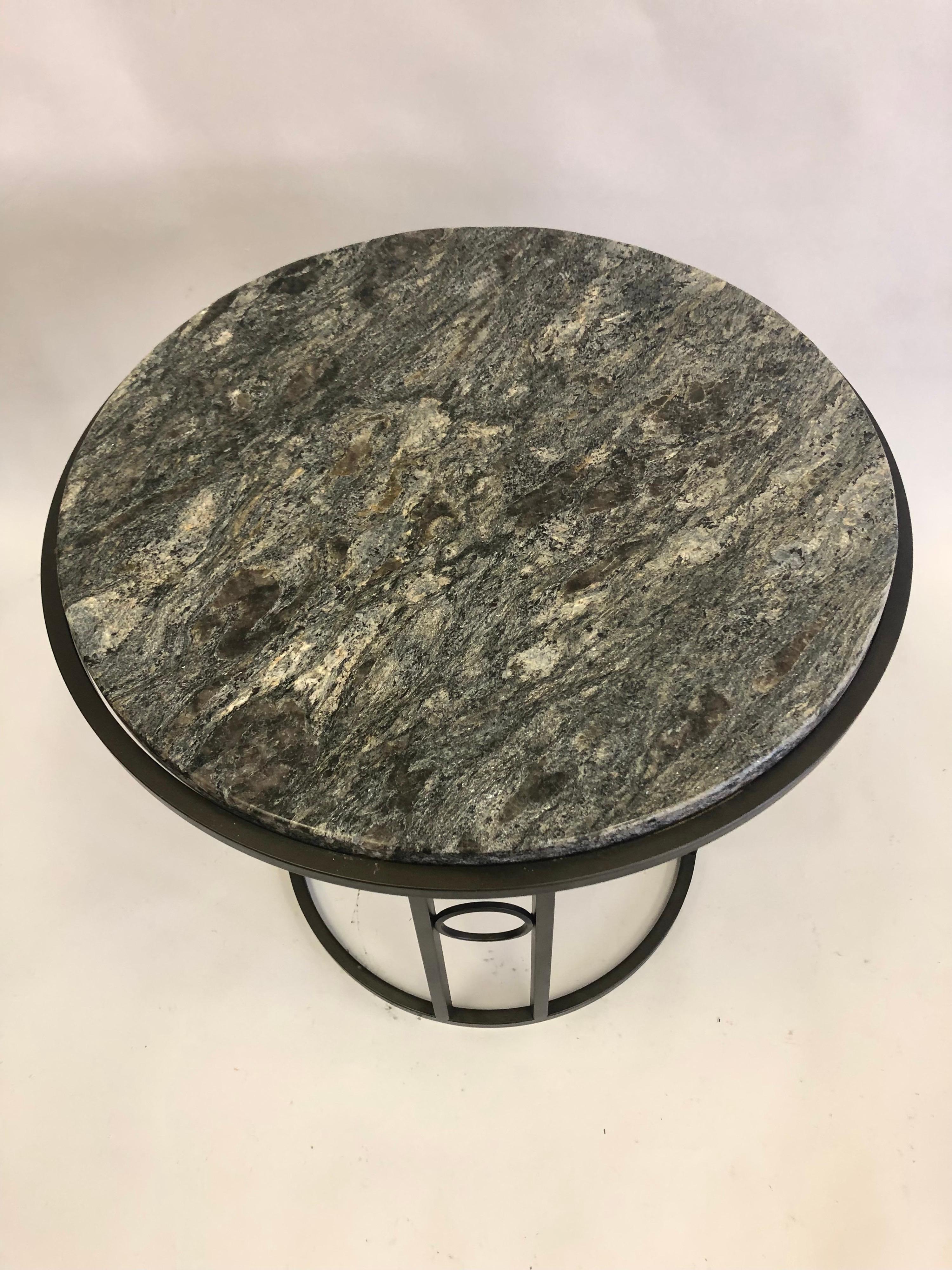 Pair Large French Modern Neoclassical / Art Deco Iron Side Tables w. Schist Tops For Sale 4