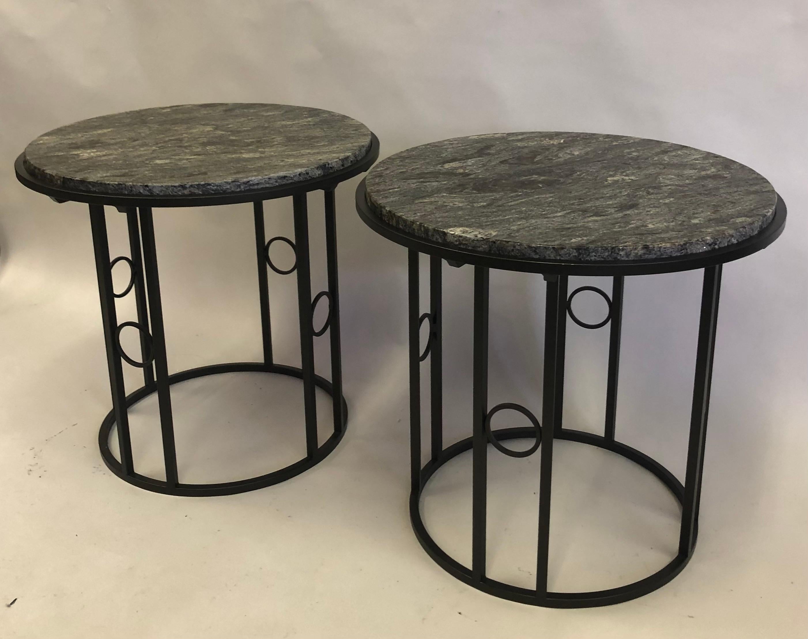 Pair Large French Modern Neoclassical / Art Deco Iron Side Tables w. Schist Tops In Good Condition For Sale In New York, NY