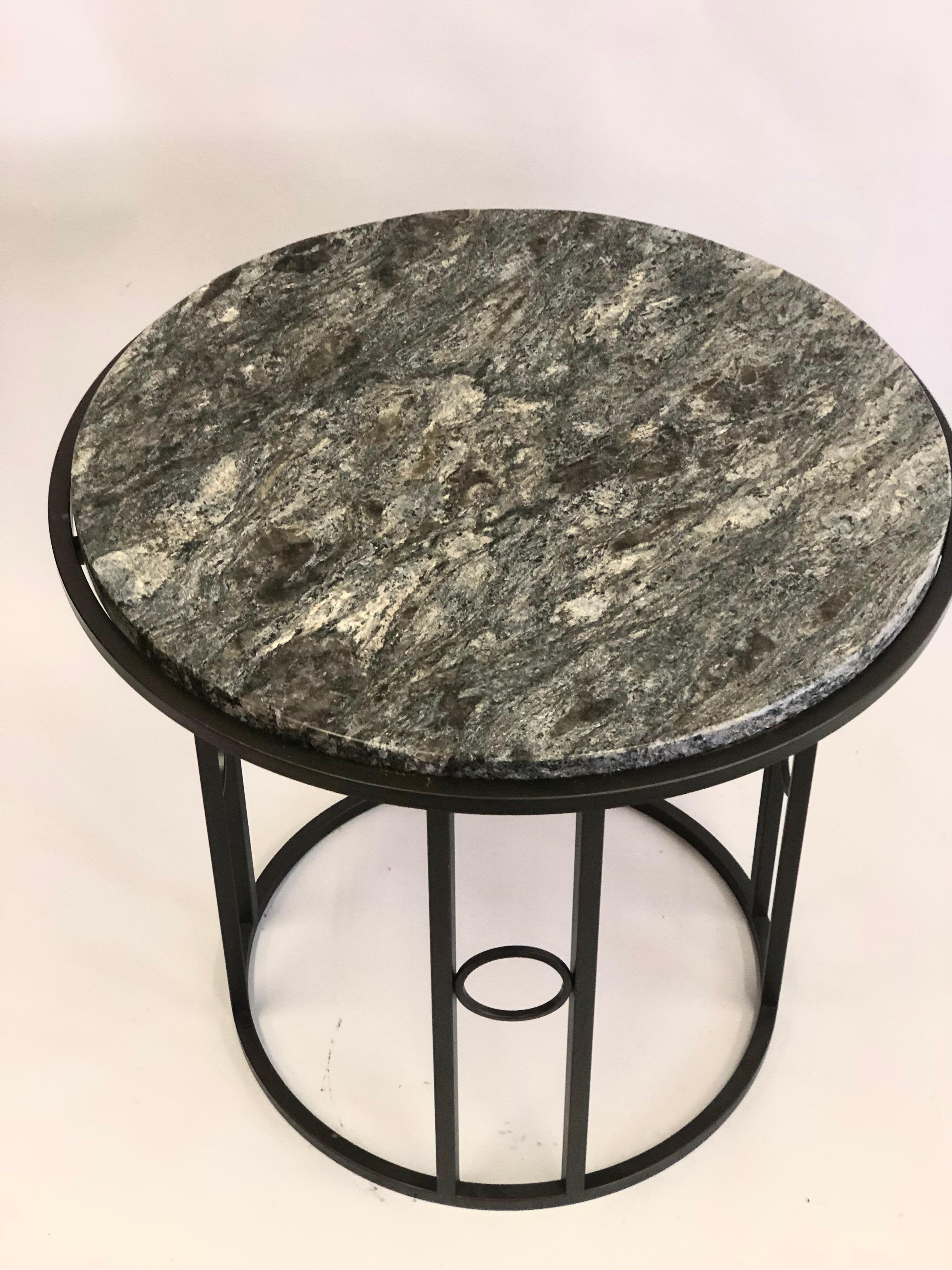 20th Century Pair Large French Modern Neoclassical / Art Deco Iron Side Tables w. Schist Tops For Sale