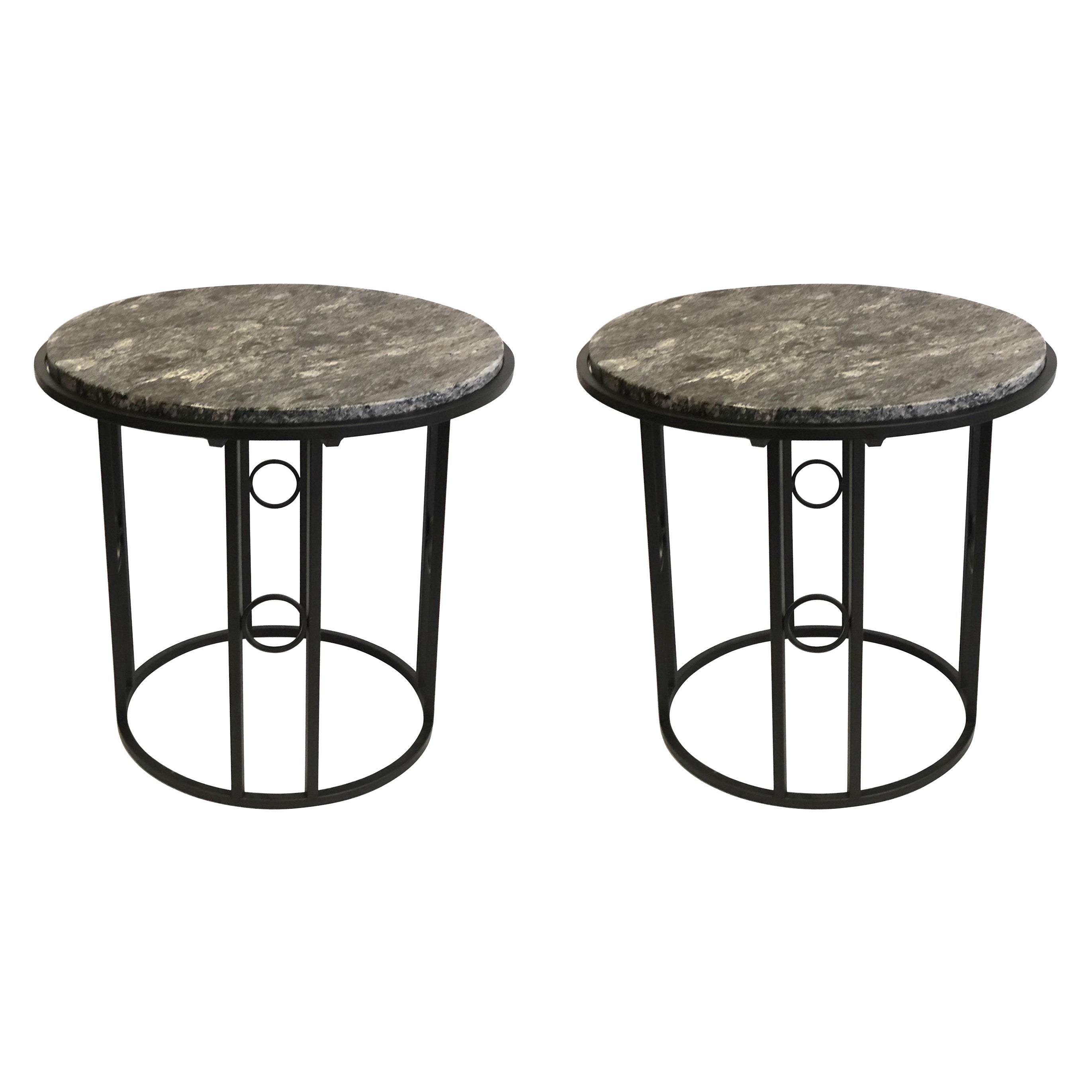 Paire de grandes tables d'appoint en fer de style néoclassique/Art déco moderne français avec Dessus de schiste