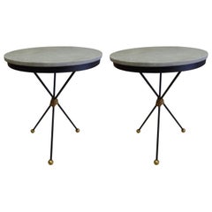 Custom Pair of French Modern Neoclassical Gilt Iron Side Tables, Poillerat