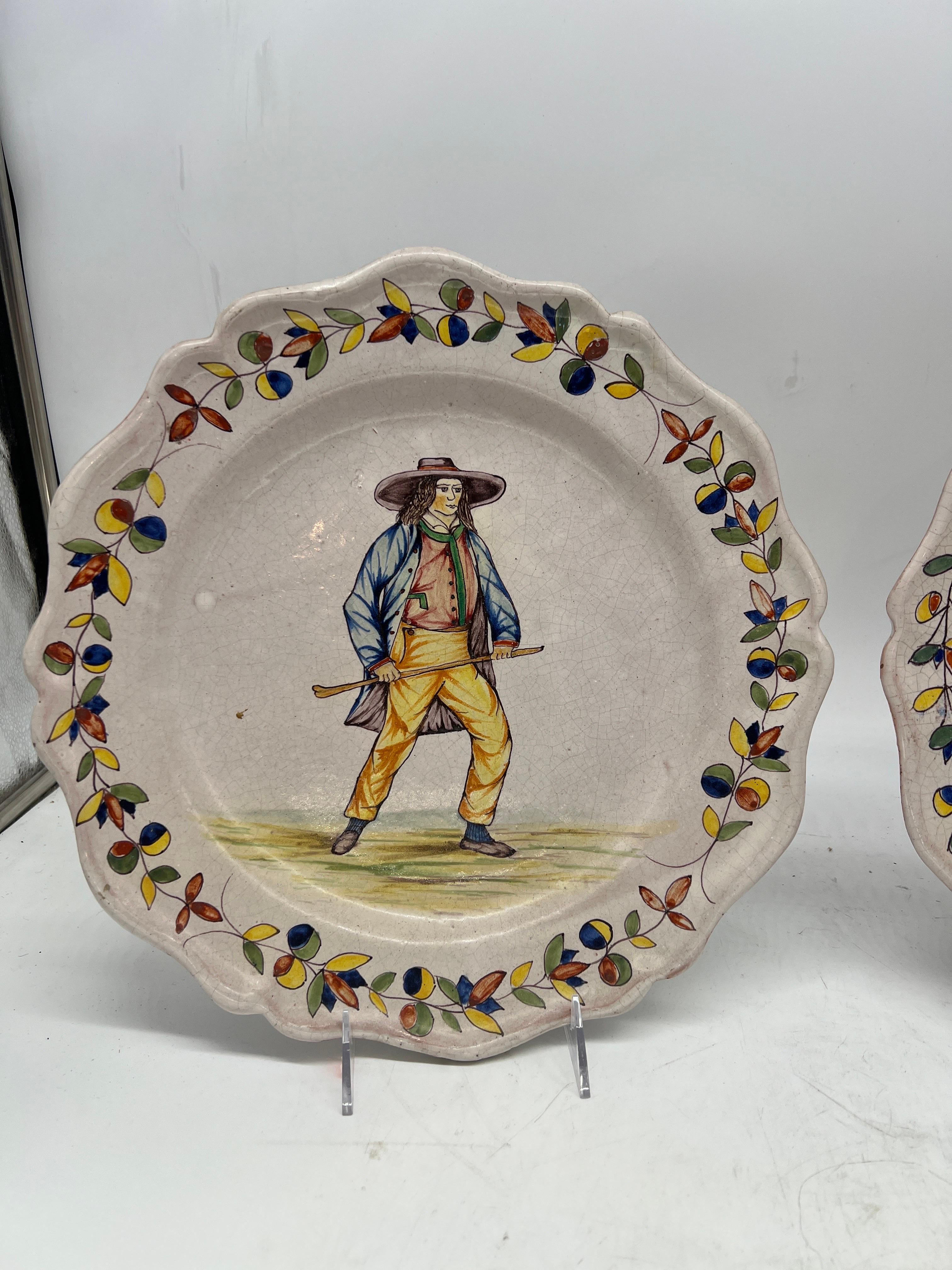 Pair, Large French Quimper Faience Pottery Figural Plates 13