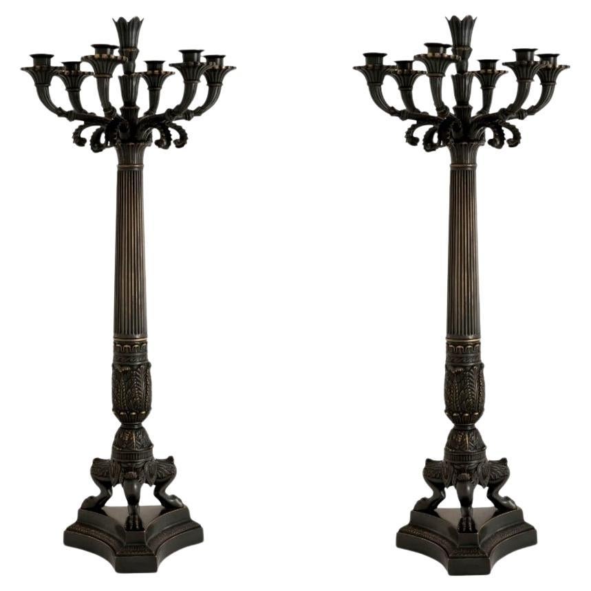 Pair Large French Traditional Bronze Candelabra Candlesticks For Sale