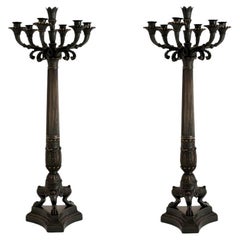 Pair Large French Traditional Bronze Candelabra Candlesticks