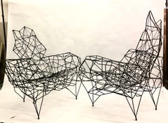 Pair, Large French Artist Wrought Iron & Rope Sculpture Lounge Chairs, Ron Arad