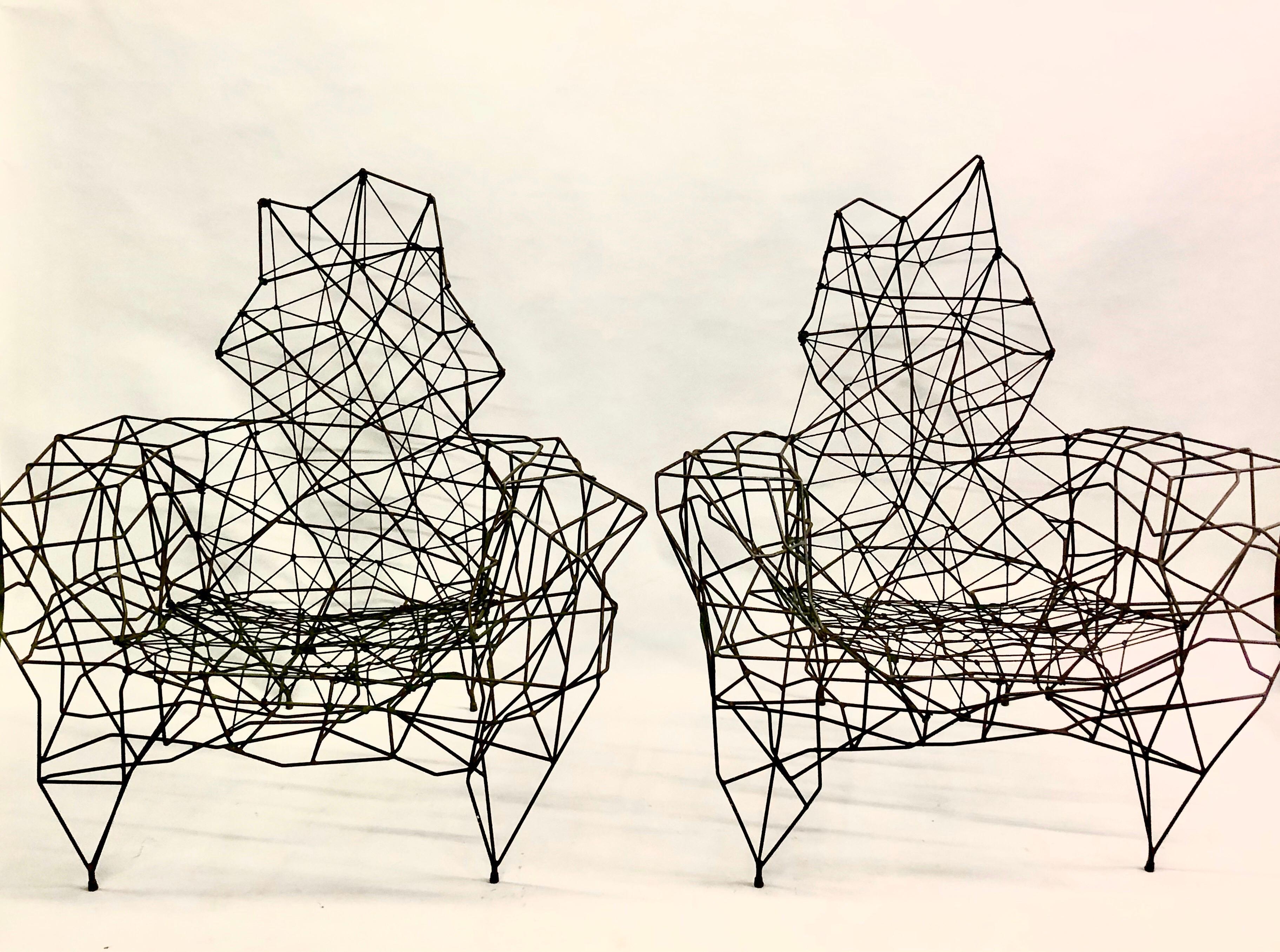 Post-Modern Pair, Large French Artist Wrought Iron & Rope Sculpture Lounge Chairs, Ron Arad