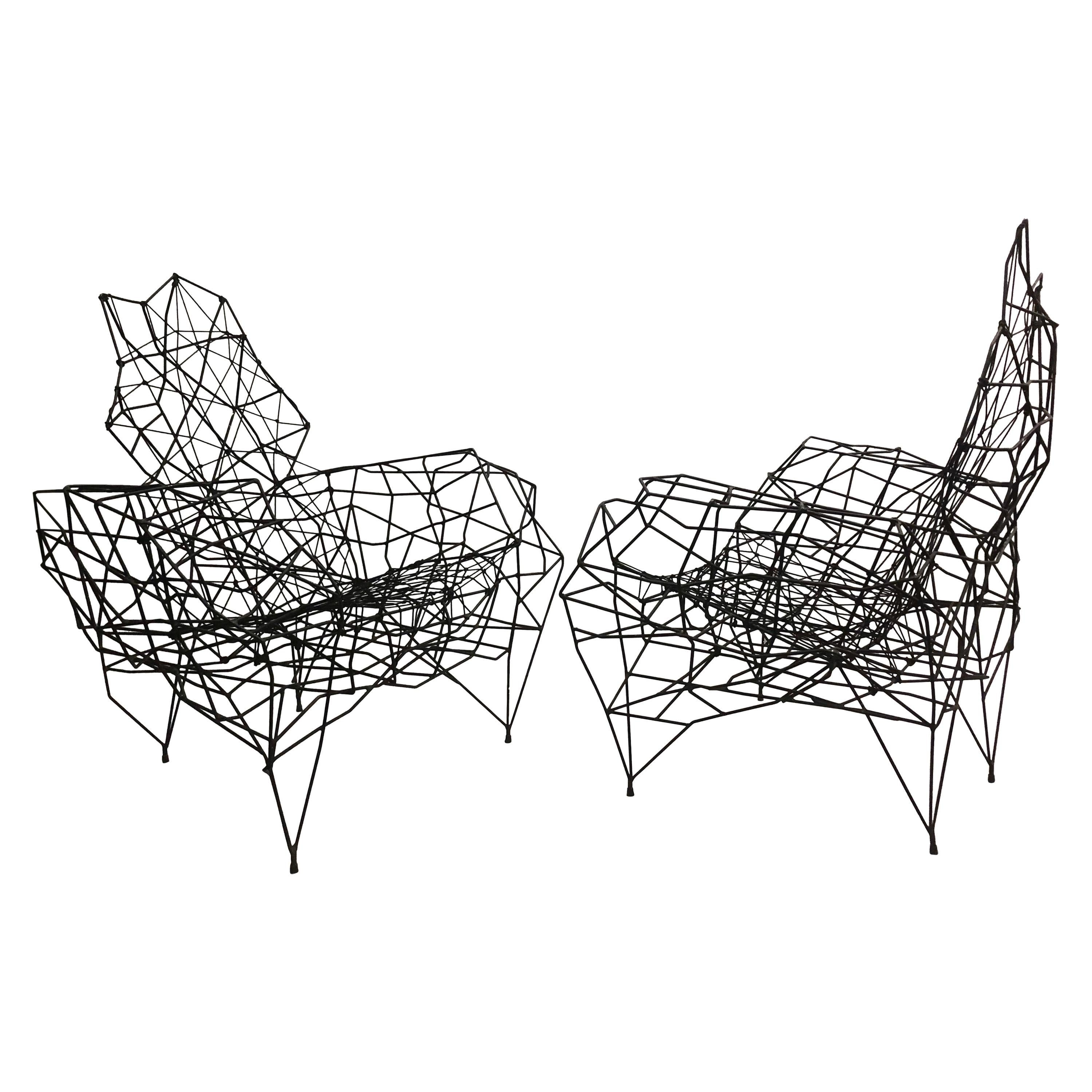 Pair, Large French Artist Wrought Iron & Rope Sculpture Lounge Chairs, Ron Arad