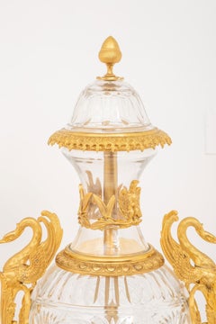 Pair Large Gilt Bronze Mounted Crystal Glass Urns / Vases with Covers