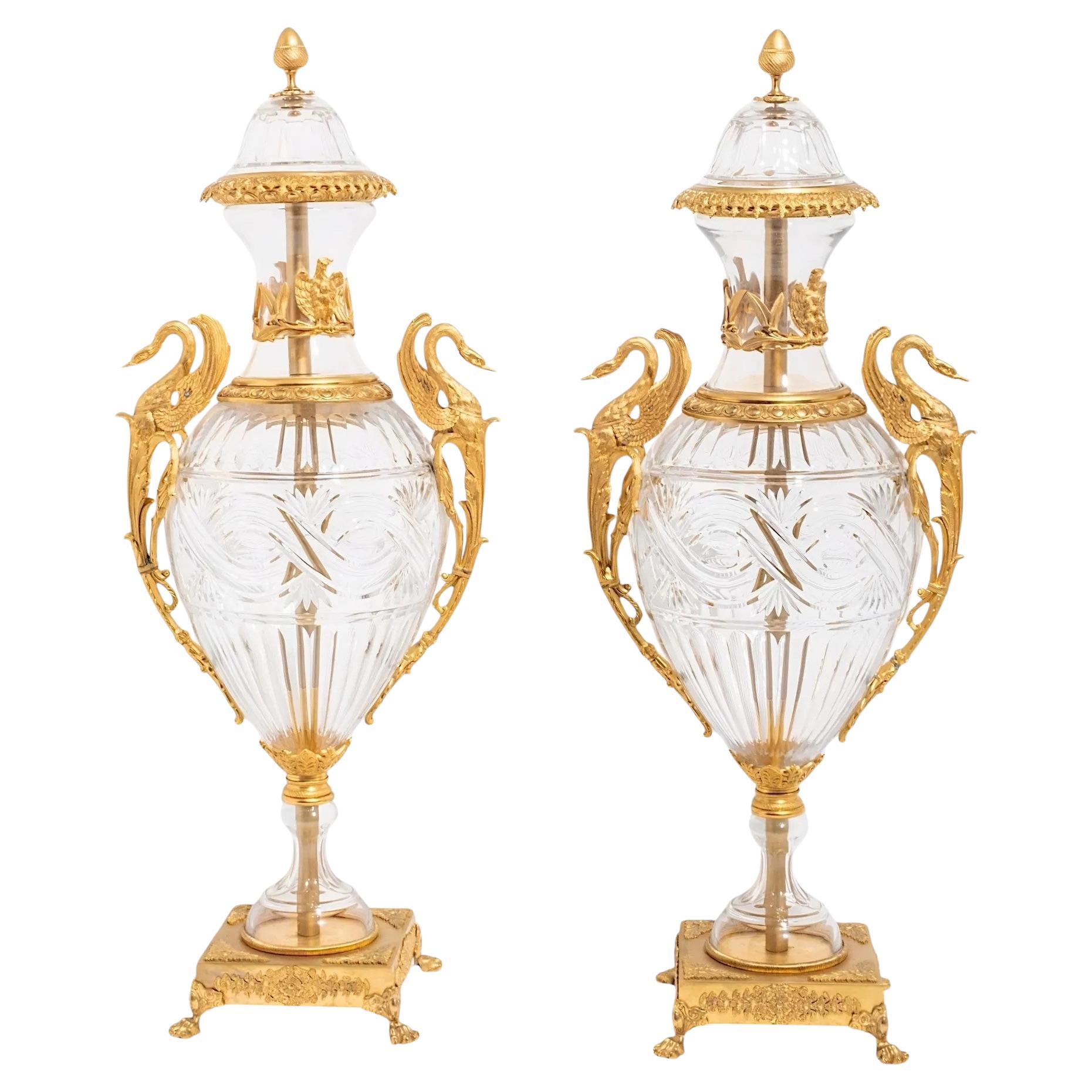 Pair Large Gilt Bronze Mounted Crystal Glass Urns / Vases with Covers