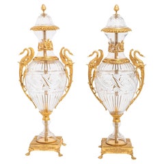 Pair Large Gilt Bronze Mounted Crystal Glass Urns / Vases with Covers