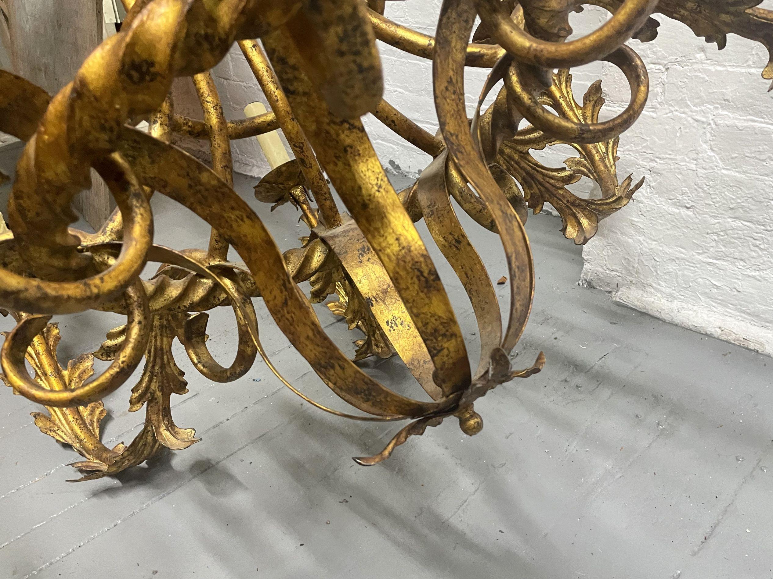 Pair Large Gilt Metal 8 Arm Chandeliers In Good Condition For Sale In New York, NY