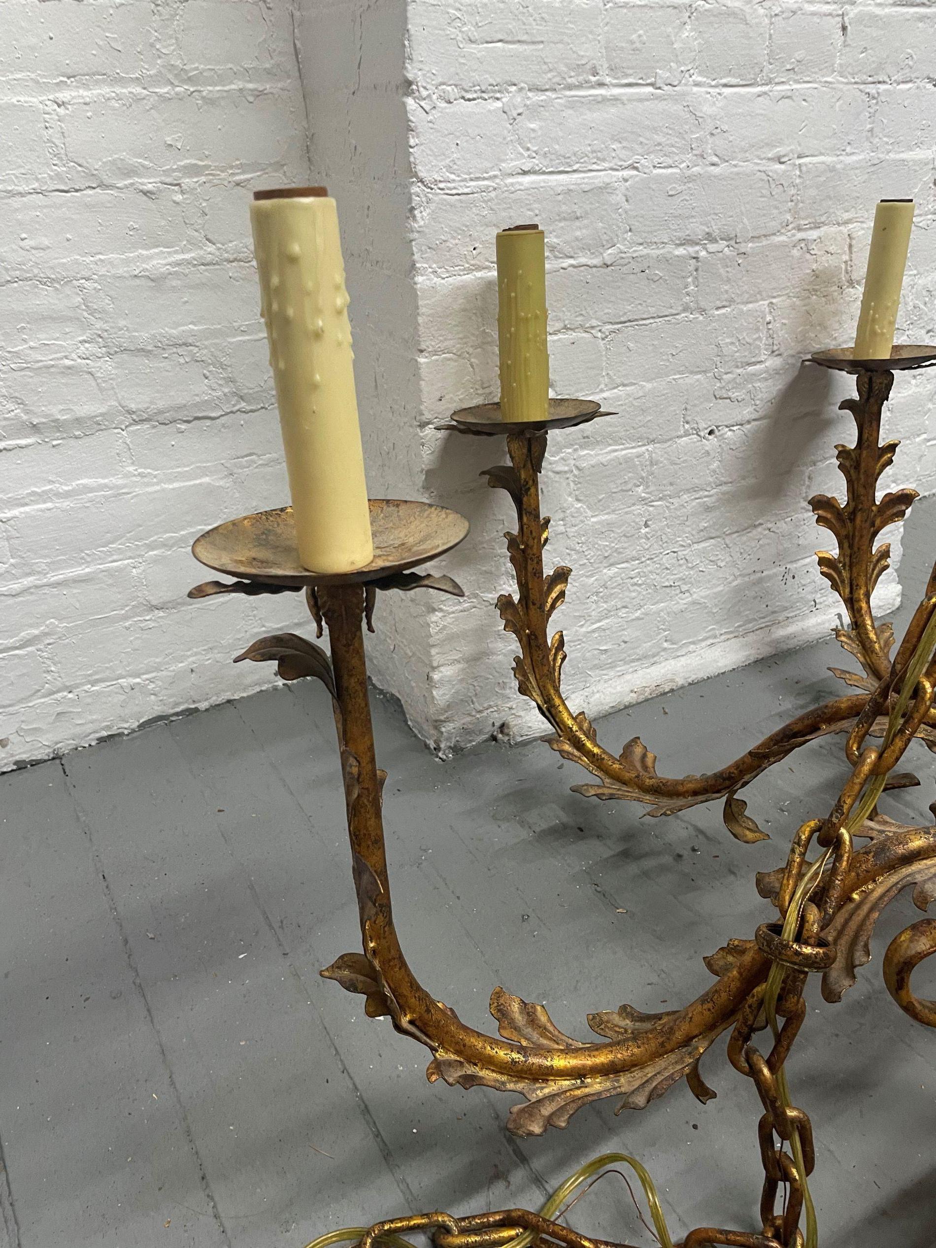 Pair Large Gilt Metal 8 Arm Chandeliers For Sale 1