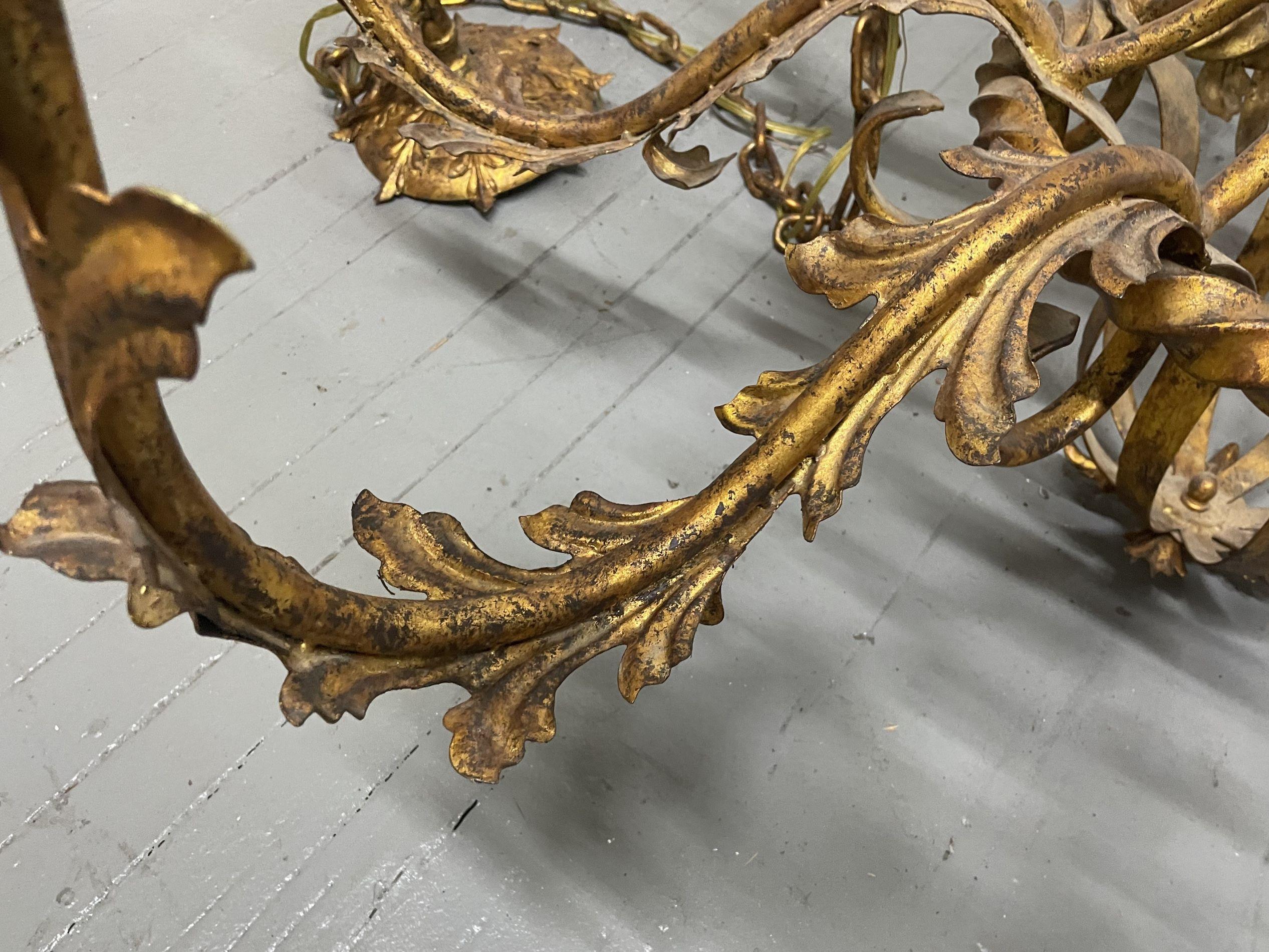 Pair Large Gilt Metal 8 Arm Chandeliers For Sale 2