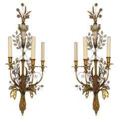 Pair Large Gilt Metal and Glass Three-Light Sconces in Manner of Maison Bagues
