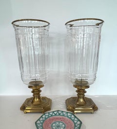 Pair Large Glass & Brass Hurricane Candle Holders