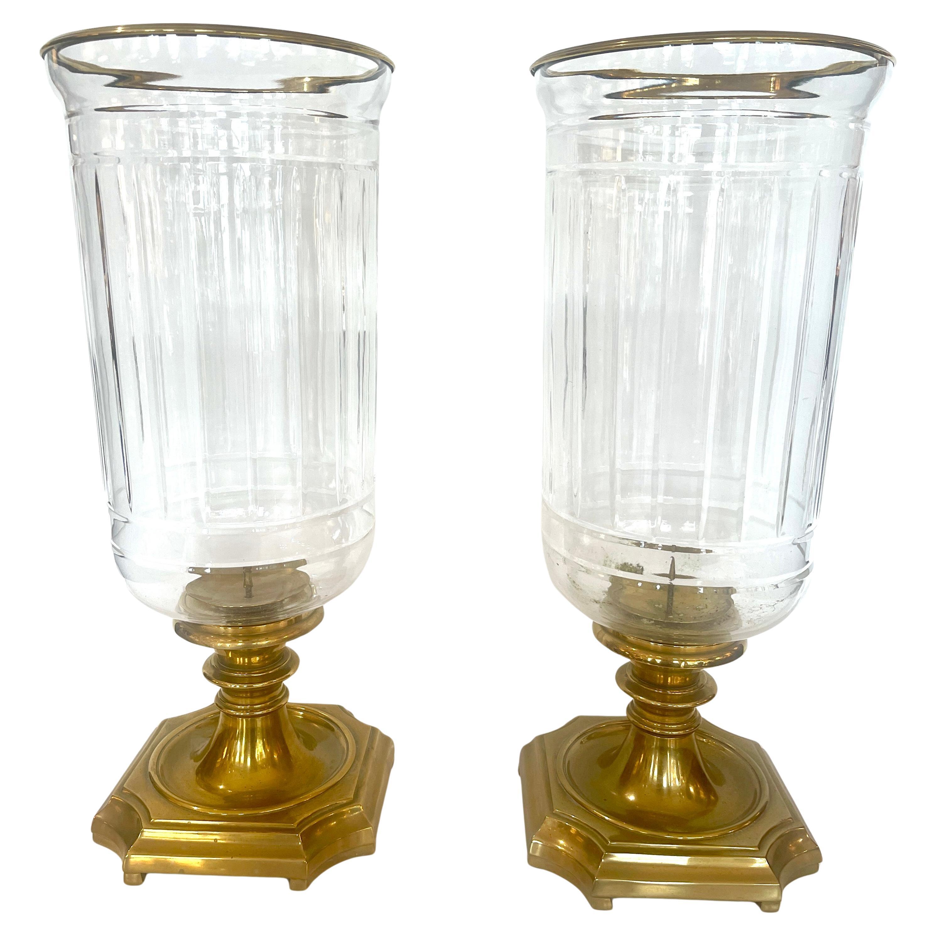 Pair Large Glass & Brass Hurricane Candle Holders