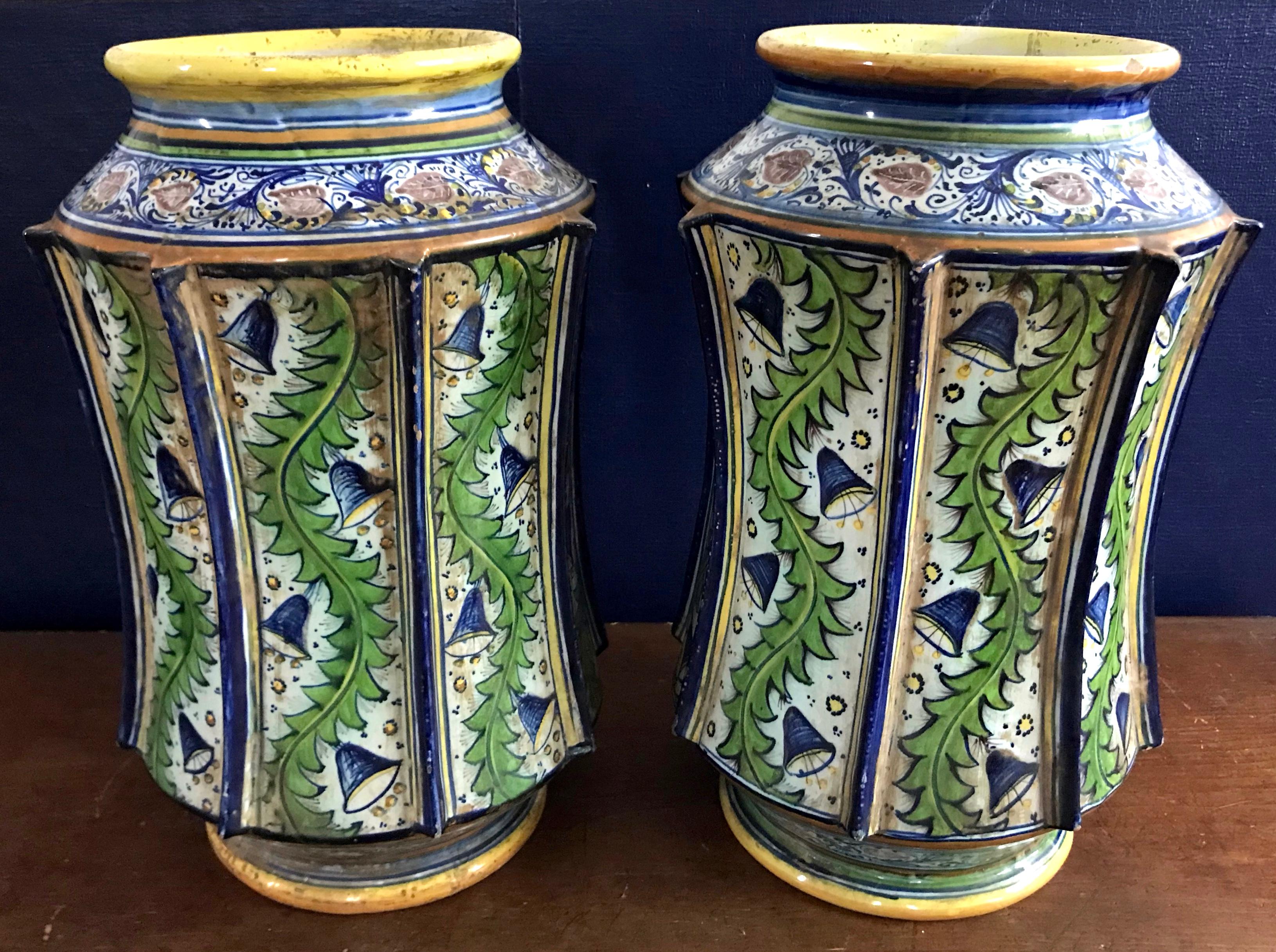 Italian Pair Large Green and Blue Majolica Vases For Sale