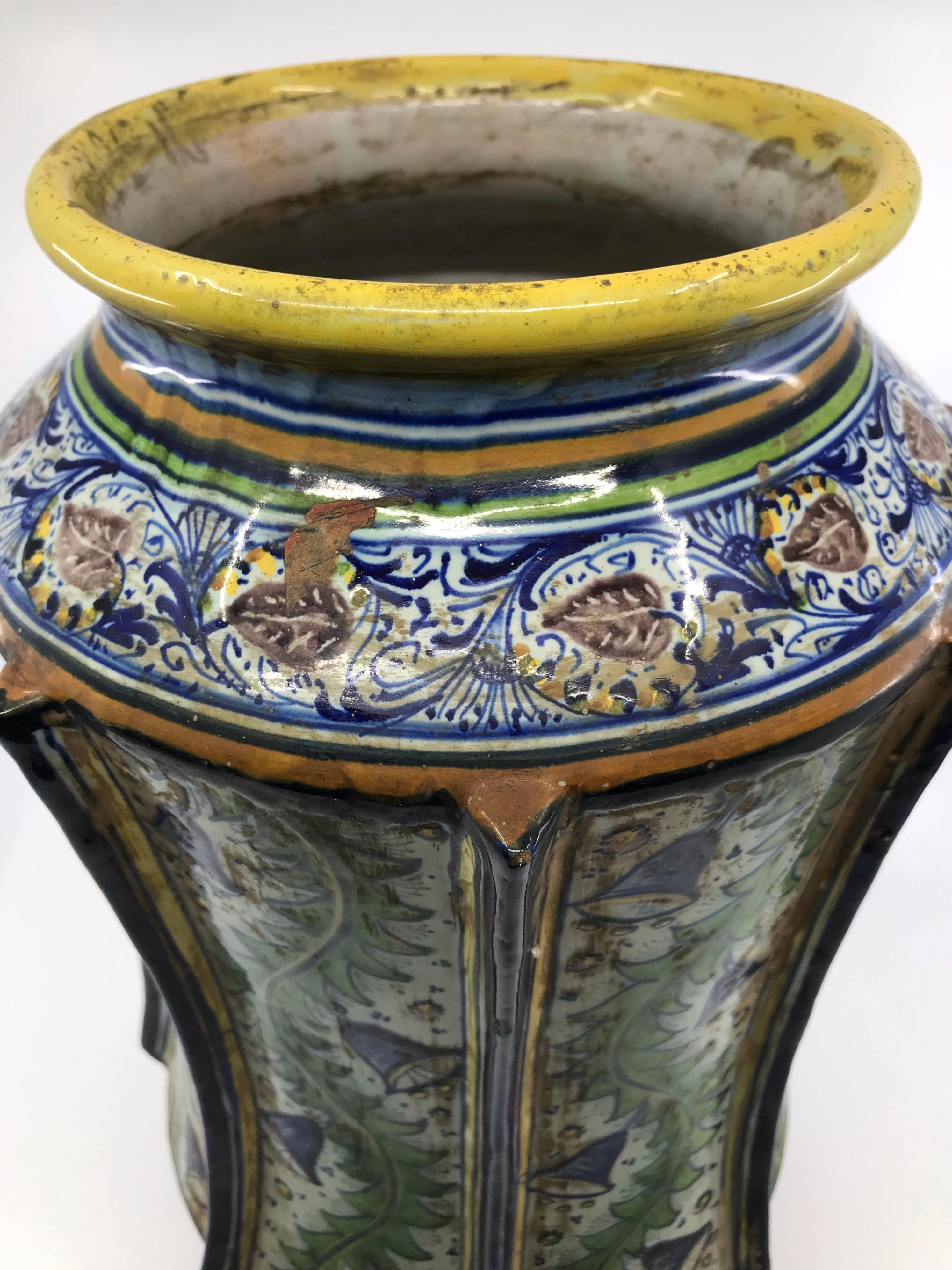 19th Century Pair Large Green and Blue Majolica Vases For Sale