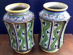 Pair Large Green and Blue Majolica Vases