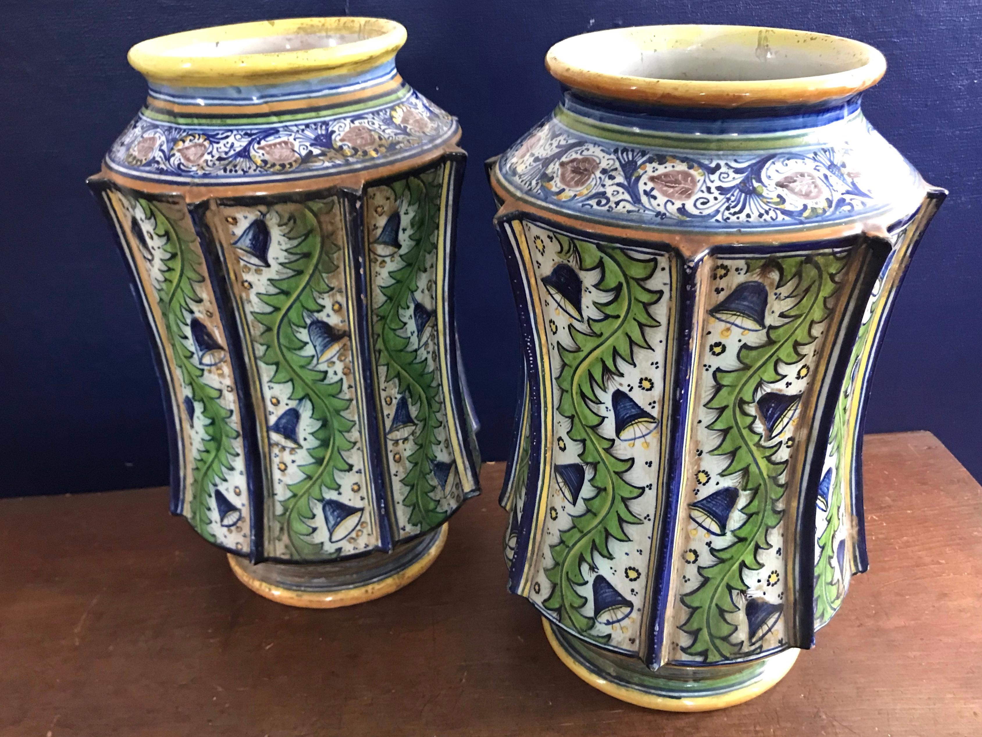 Pair Large Green and Blue Majolica Vases For Sale 1