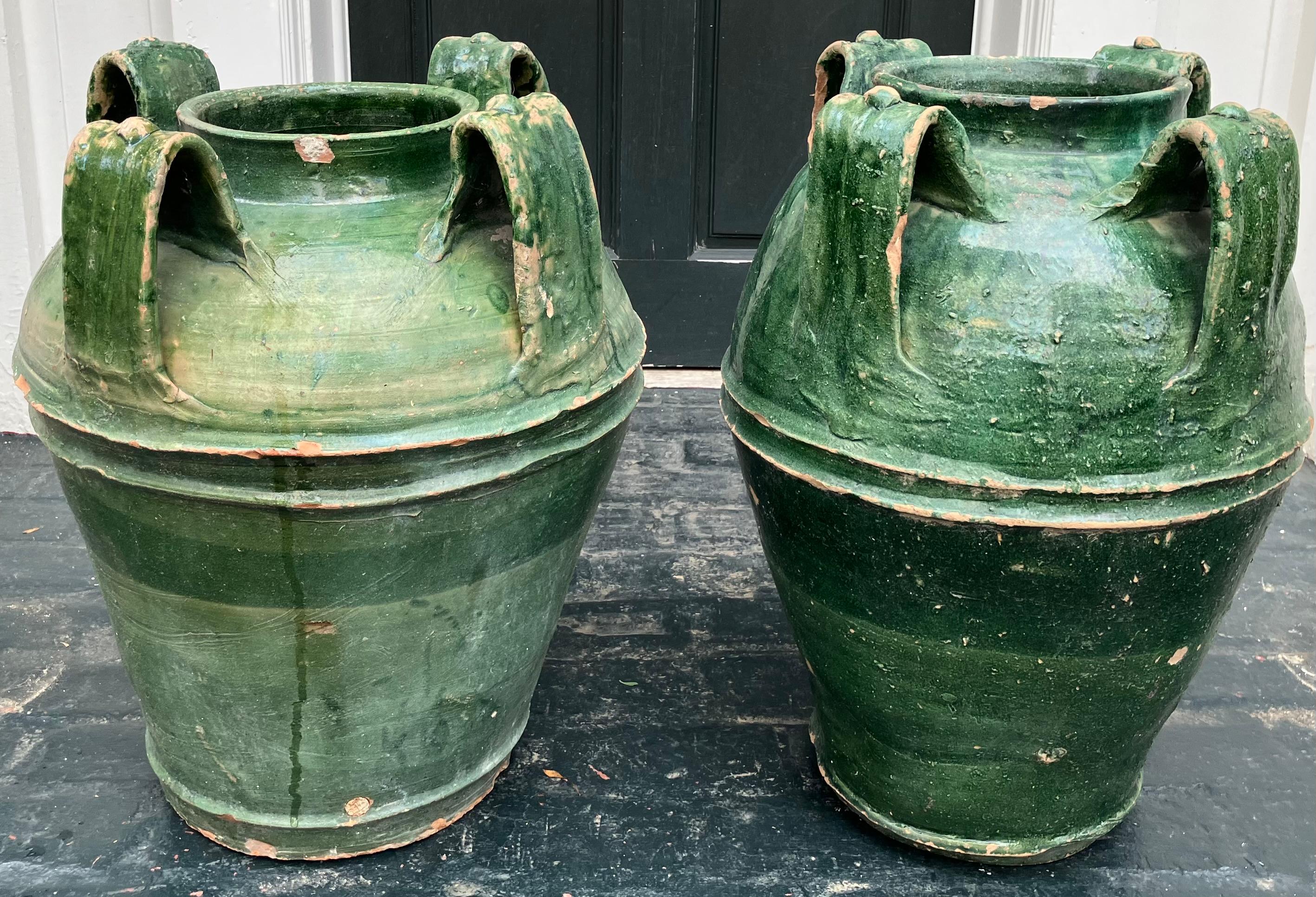 XIX secolo Coppia di grandi Amphora in terracotta verde in vendita