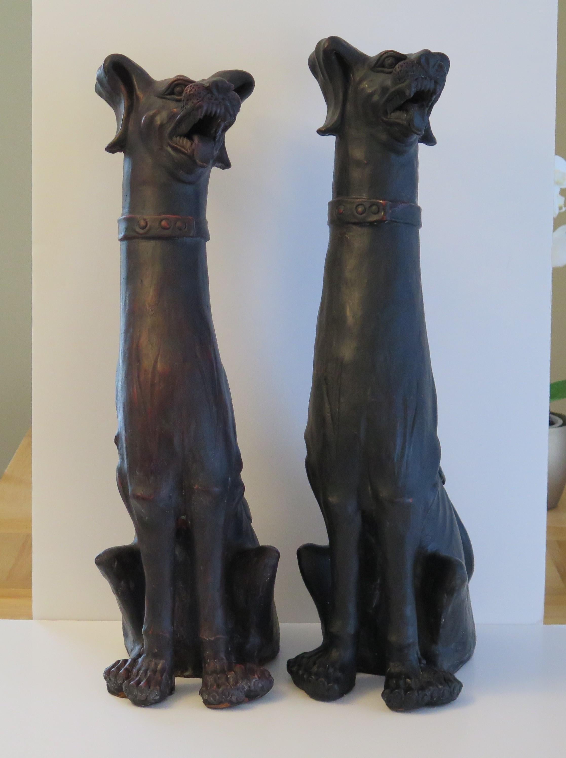 Folk Art PAIR Large Grotesque Dogs earthenware pottery sculptures, 19th Century Italian For Sale