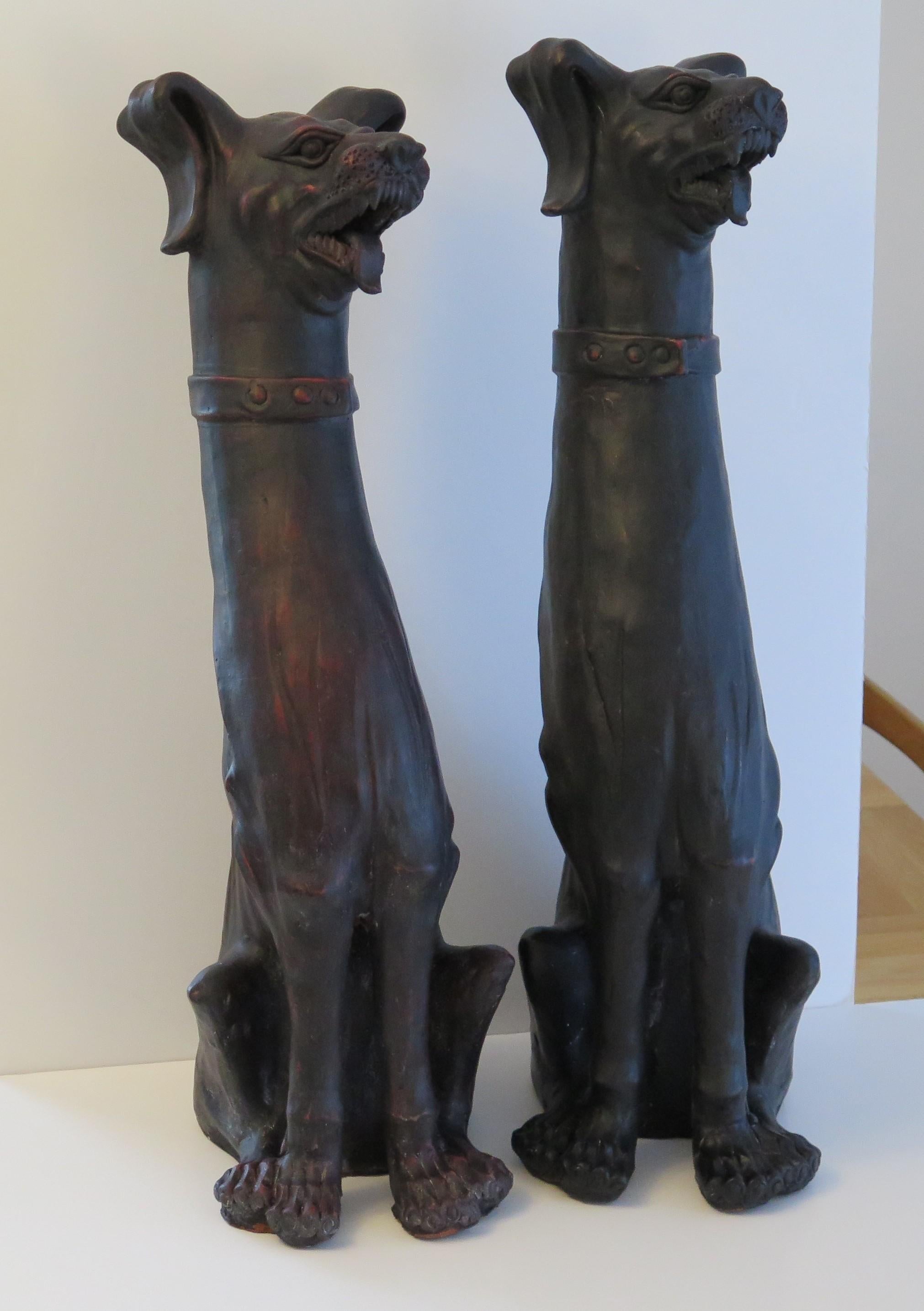 Hand-Crafted PAIR Large Grotesque Dogs earthenware pottery sculptures, 19th Century Italian For Sale