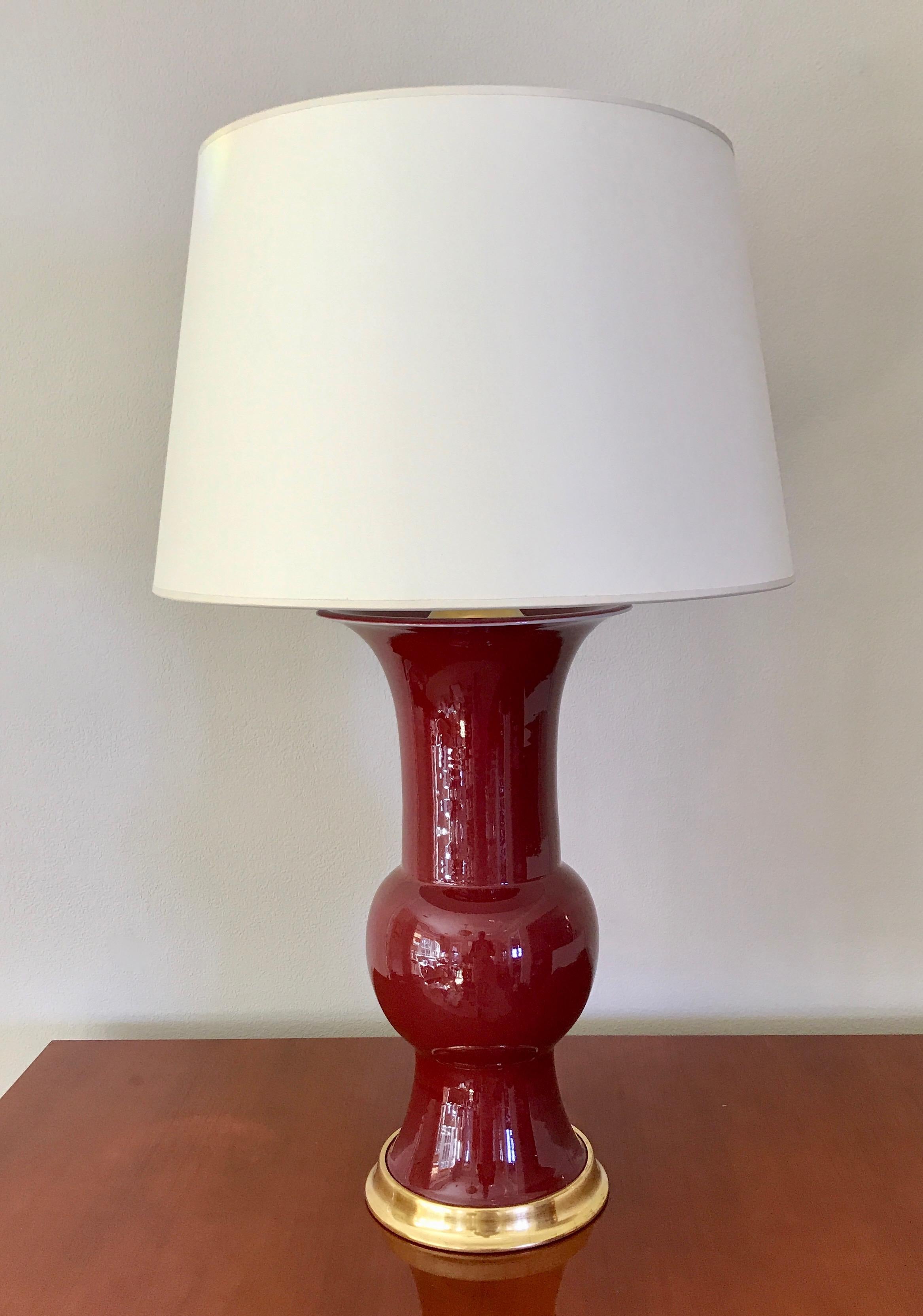 Pair Large Gu Form Sang de Boeuf Oxblood Red Lamps on 23K Water Gilt Bases 5