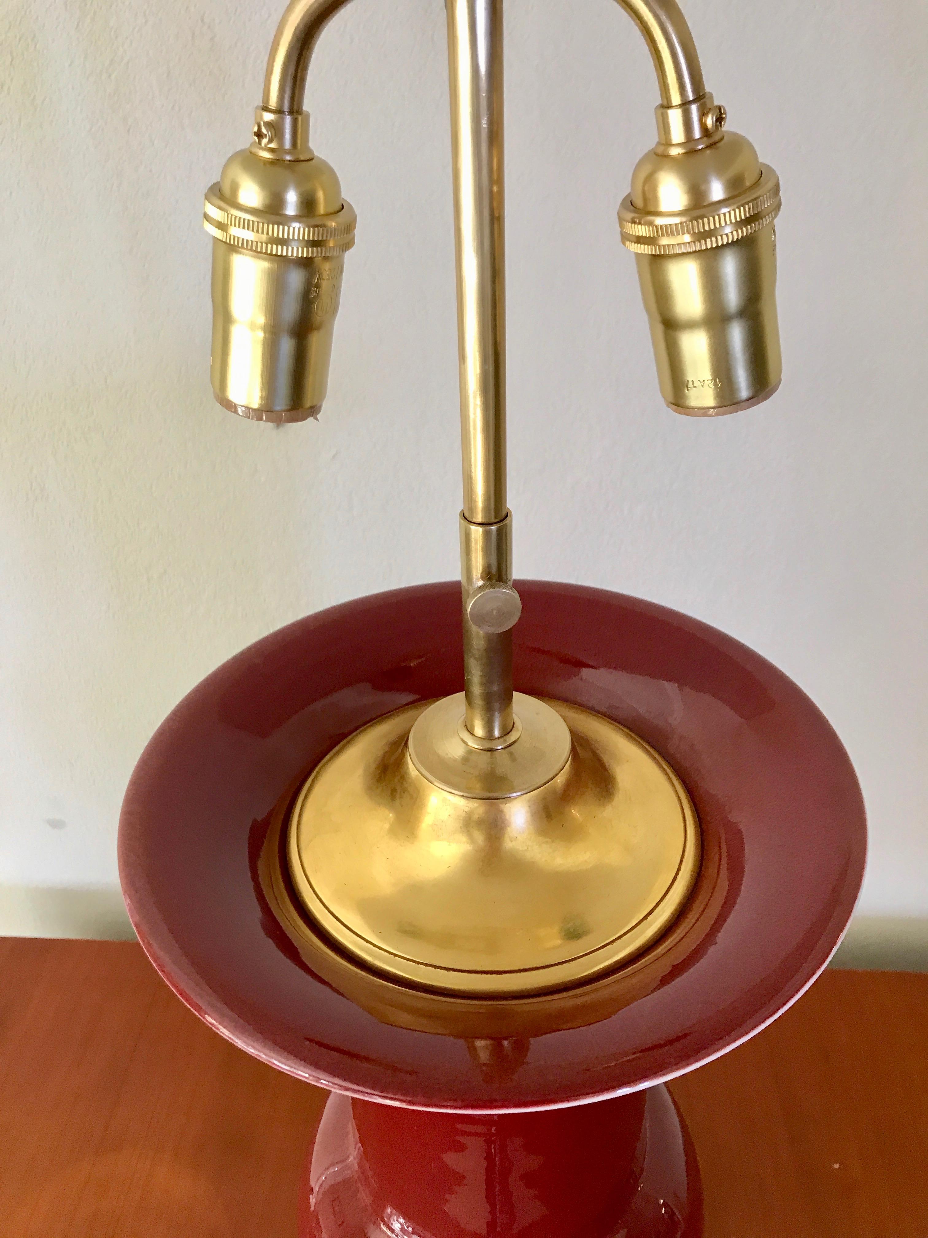 Pair Large Gu Form Sang de Boeuf Oxblood Red Lamps on 23K Water Gilt Bases In Good Condition In Dallas, TX