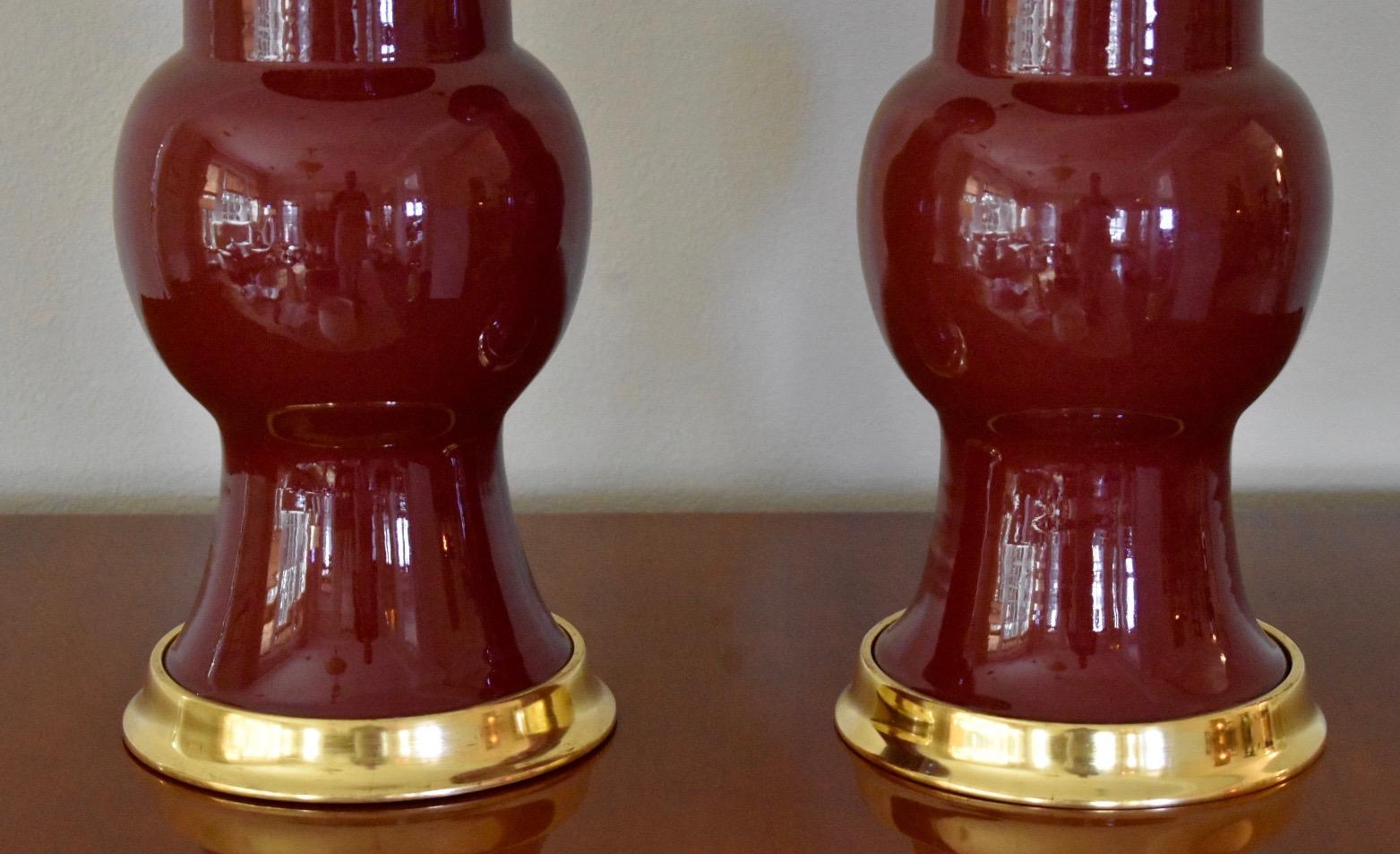 Pair Large Gu Form Sang de Boeuf Oxblood Red Lamps on 23K Water Gilt Bases 2