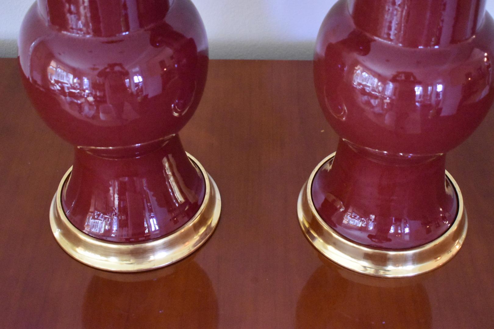 Pair Large Gu Form Sang de Boeuf Oxblood Red Lamps on 23K Water Gilt Bases 3