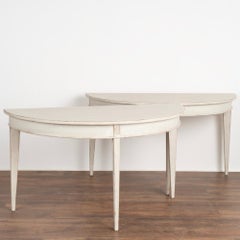 Pair, Large Gustavian White Painted Demi Lune Side Tables Consoles from Sweden,
