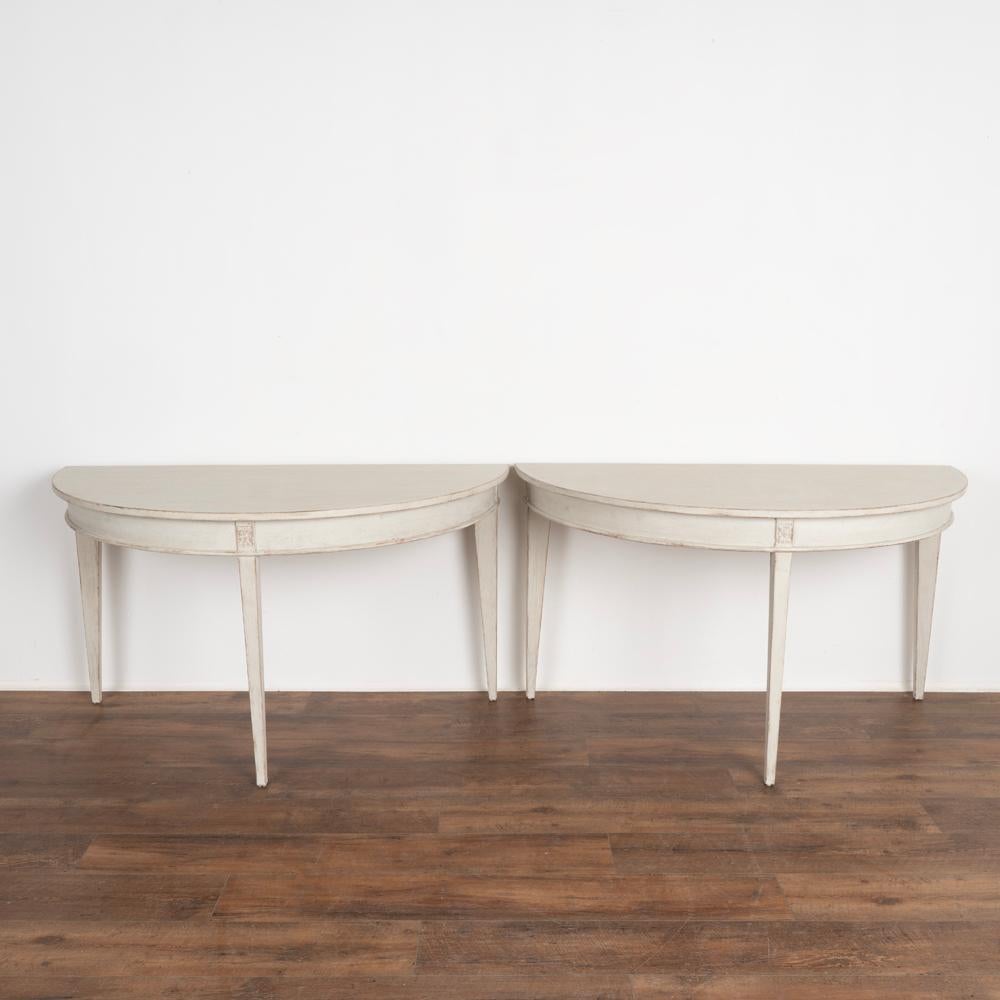 Swedish Pair, Large Gustavian White Painted Demi Lune Side Tables Consoles from Sweden, 