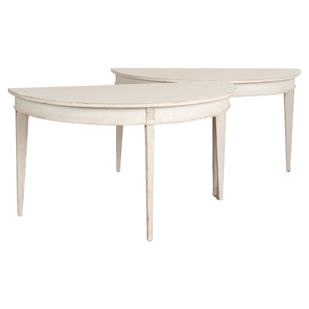 Pair, Large Gustavian White Painted Demi Lune Side Tables Consoles from Sweden, 