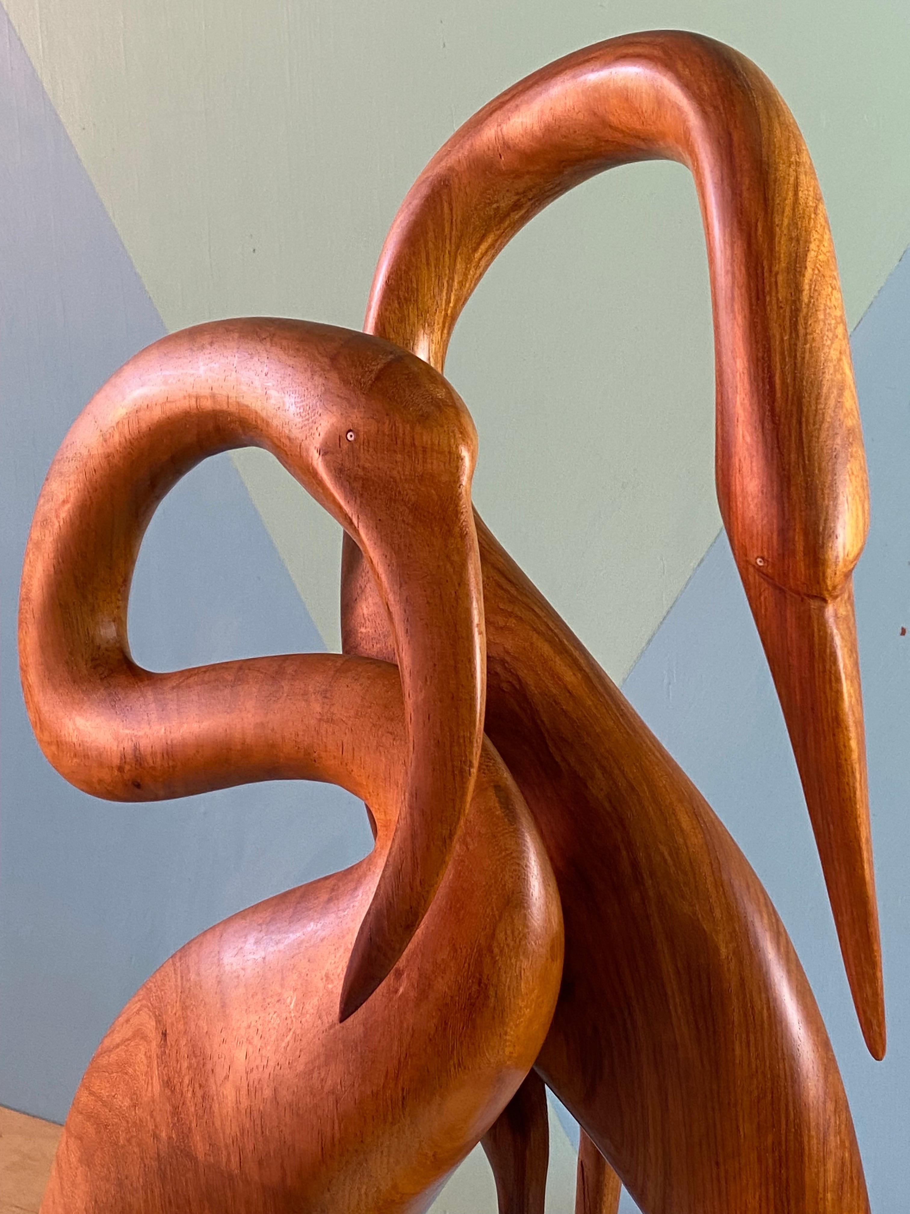 Mid-Century Modern Pair Large Hand Carved Teak Herons, 1960s For Sale