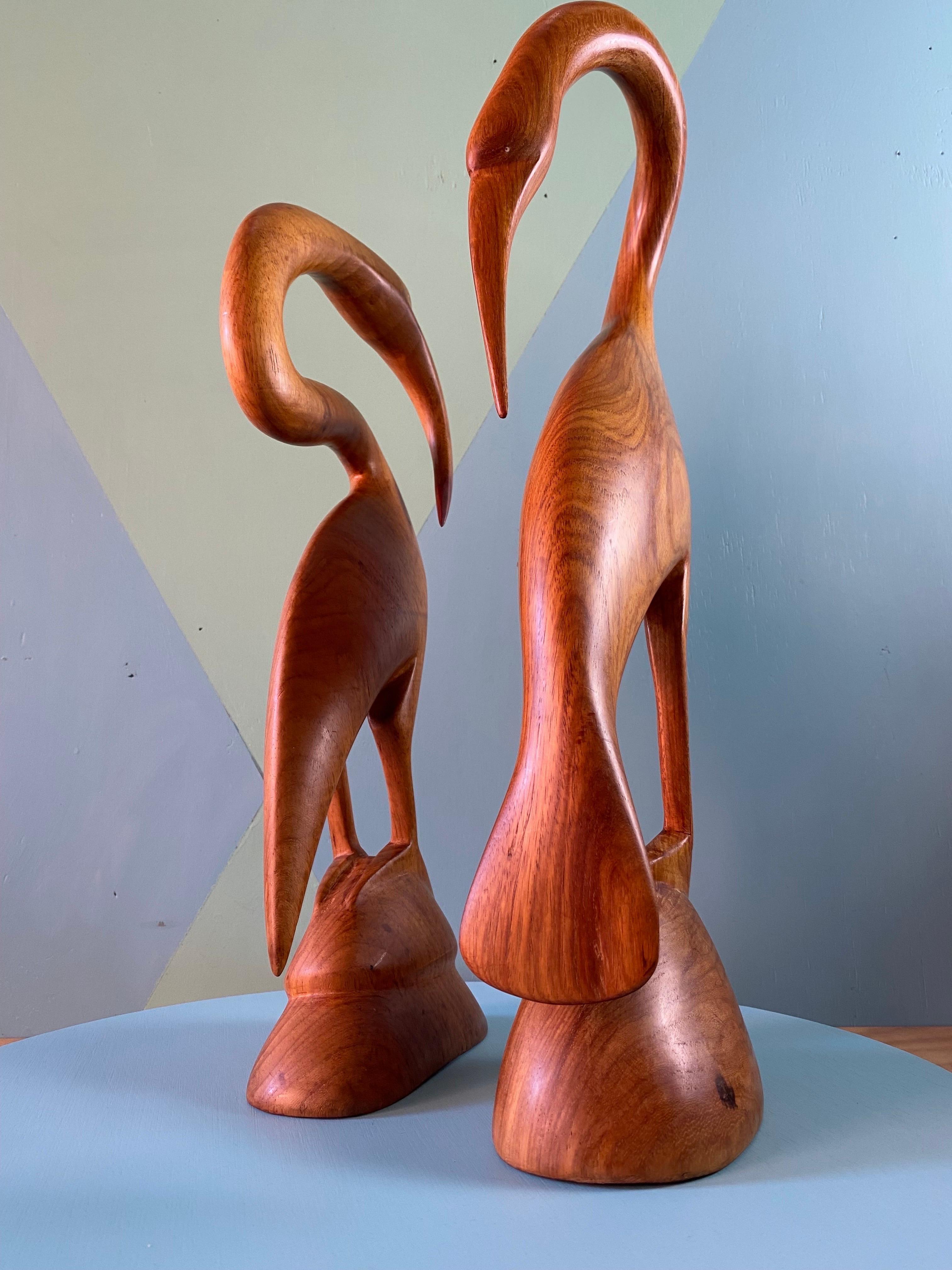 Balinese Pair Large Hand Carved Teak Herons, 1960s For Sale