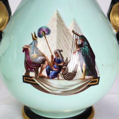Pair Large Hand Painted & Gilt Old Paris Porcelain Egyptian Revival Vases c1880