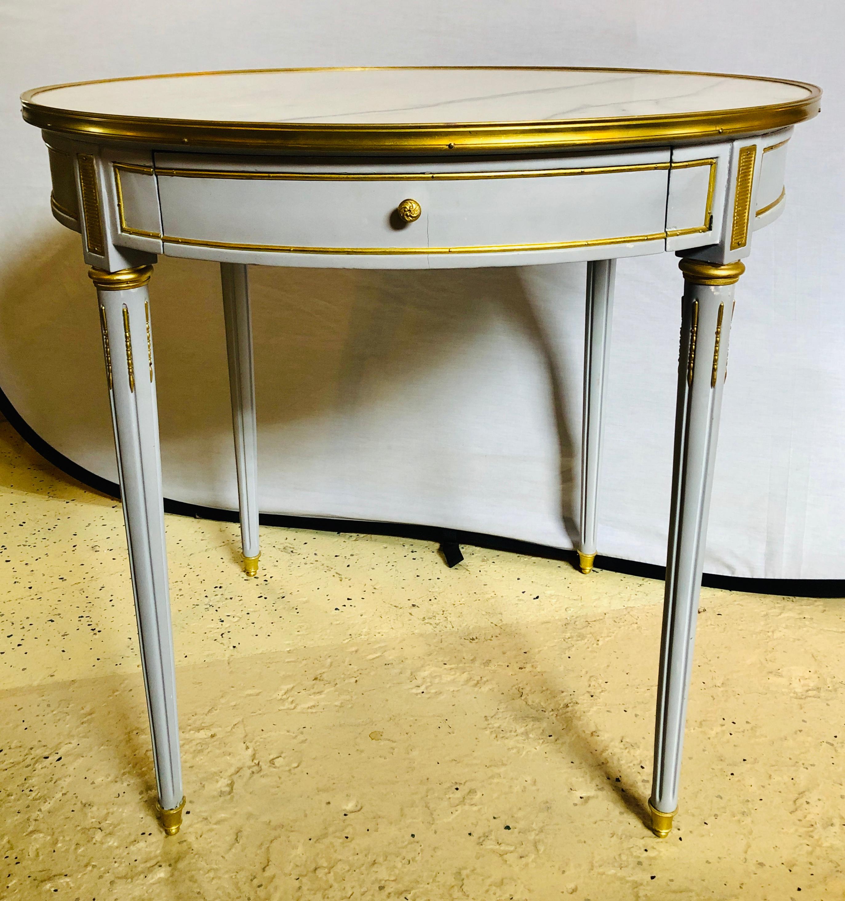 Pair Large Hollywood Regency painted bronze mounted Bouiliotte, end or center tables. A fine blu green color shines on these finely crafted single drawer end or center tables. The Louis XVI style form having bronze sabots leading to tapering legs