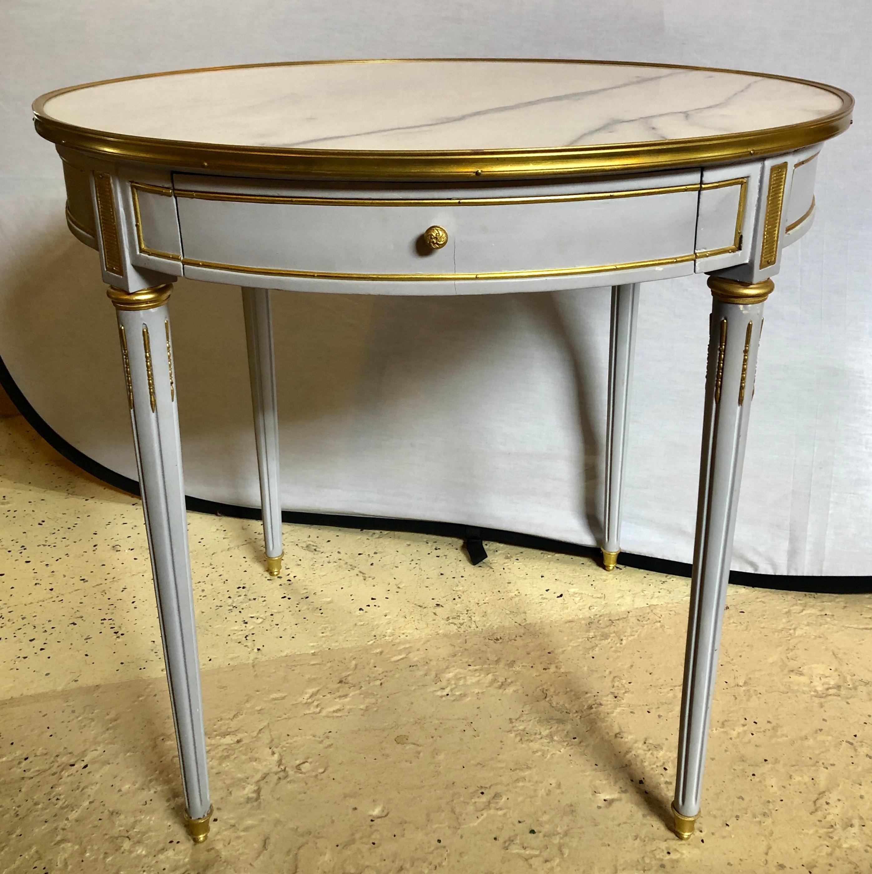 Neoclassical Pair Large Hollywood Regency Painted Bronze Mounted Bouiliotte Center End Tables For Sale