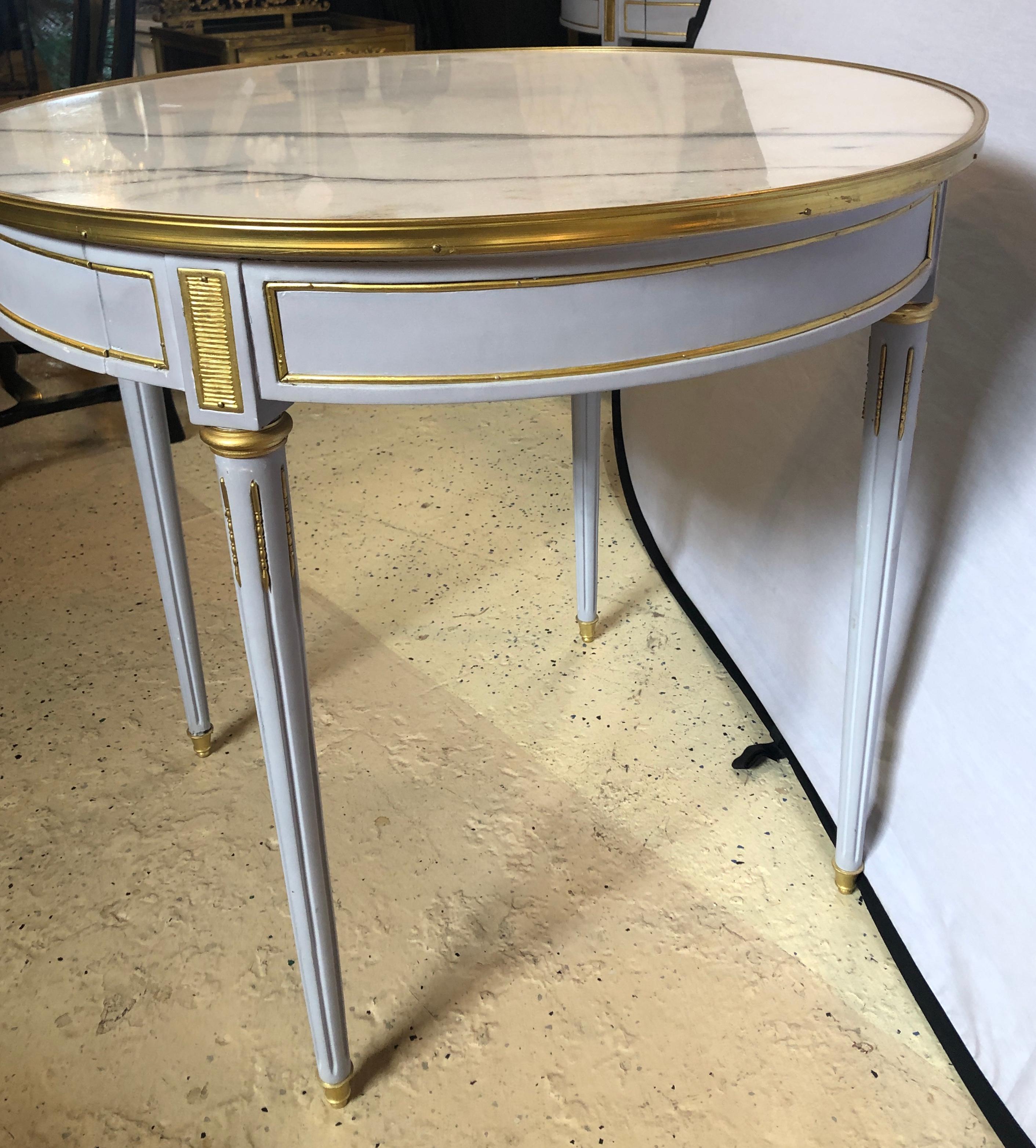 20th Century Pair Large Hollywood Regency Painted Bronze Mounted Bouiliotte Center End Tables For Sale
