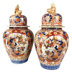 Pair Large Imari Jars Hand-Painted Porcelain Late 19th Century Meiji Period