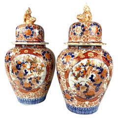 Antique Pair Large Imari Jars Hand-Painted Porcelain Late 19th Century Meiji Period