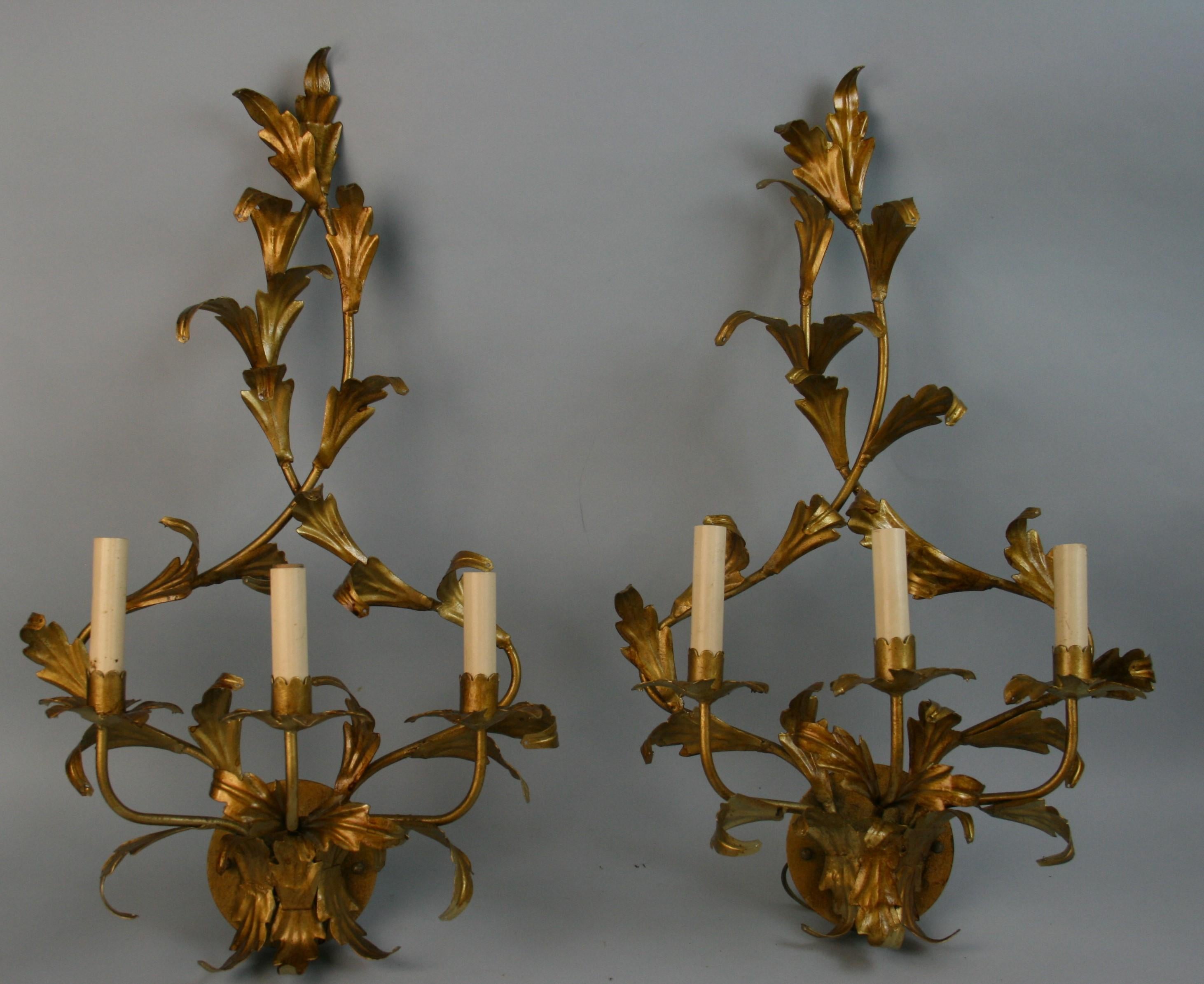 1403 Paar vergoldete italienische Wandleuchter mit drei Lampen.