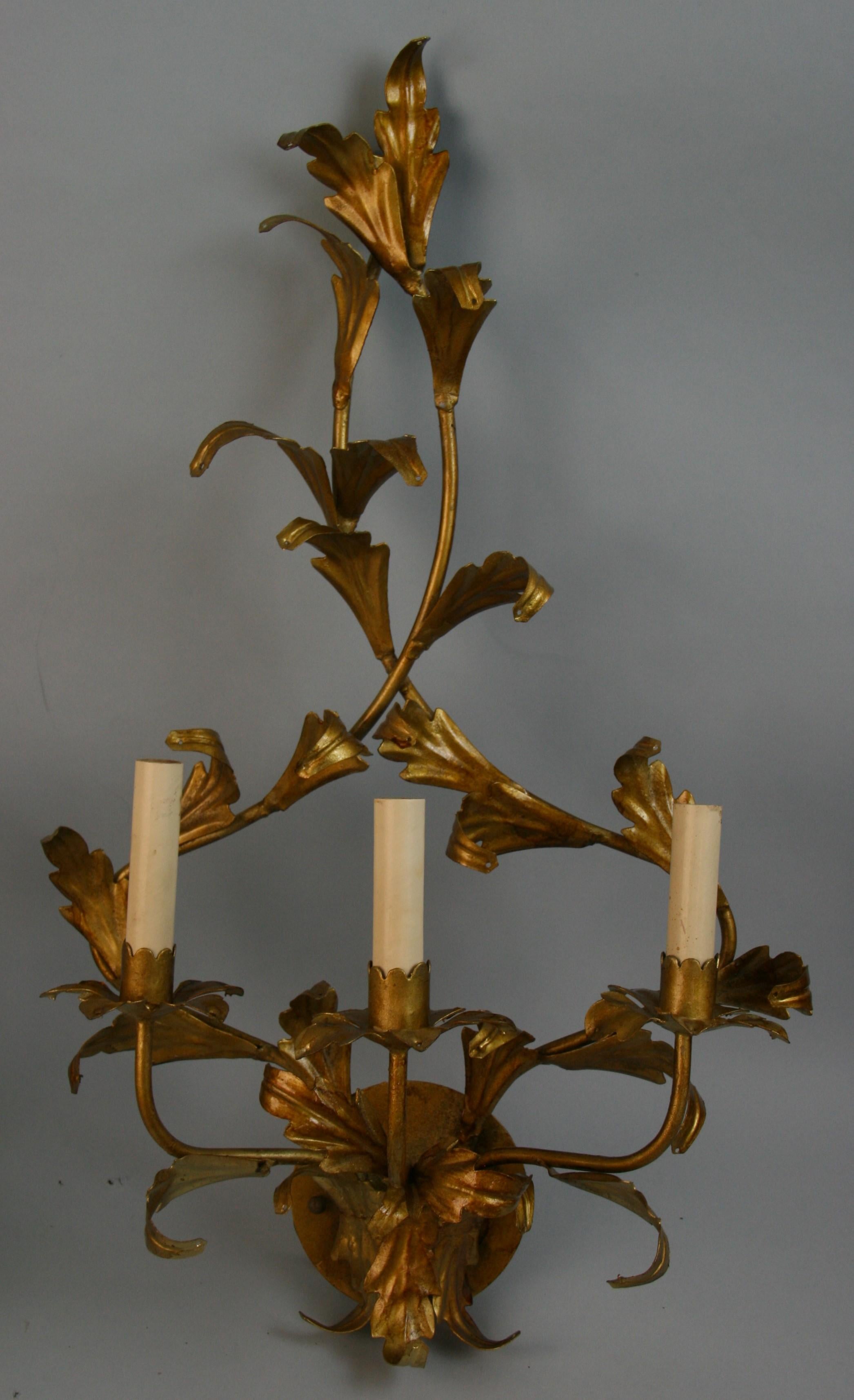 Pair Large Italian Hollywood Regency  Gilt Foliate Three Light Sconces In Good Condition For Sale In Douglas Manor, NY