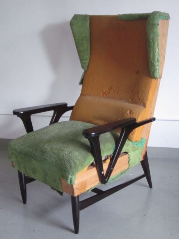 Wood Pair of Large Italian Mid-Century Modern Wing Back Lounge Chairs, Carlo Mollino