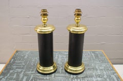 Pair Large Italian Table Lamps in Gold and Leather, Italy, 1960s