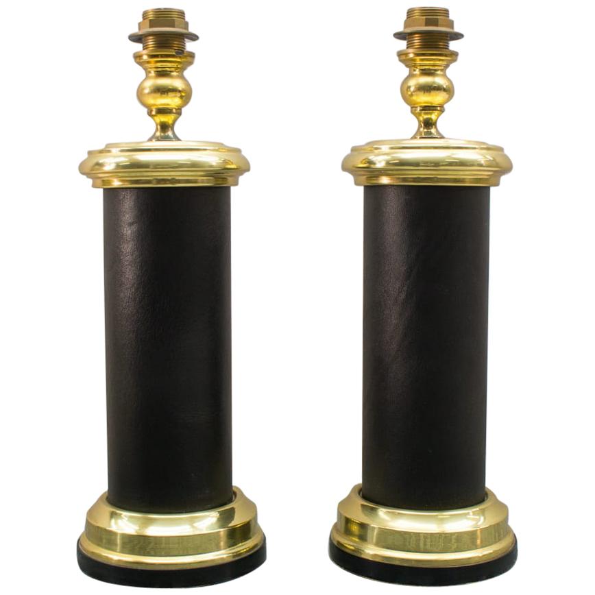 Große italienische Tischlampen aus Gold und Leder, Italien, 1960er Jahre, Paar
